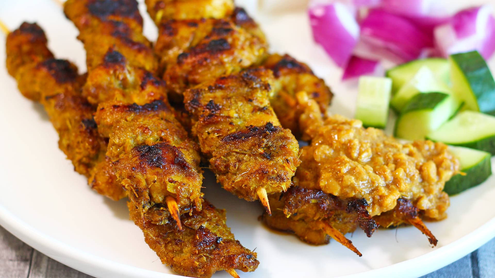 Chicken Satay, Peanut Sauce, Grilled meat skewers, Full HD Desktop Wallpaper
