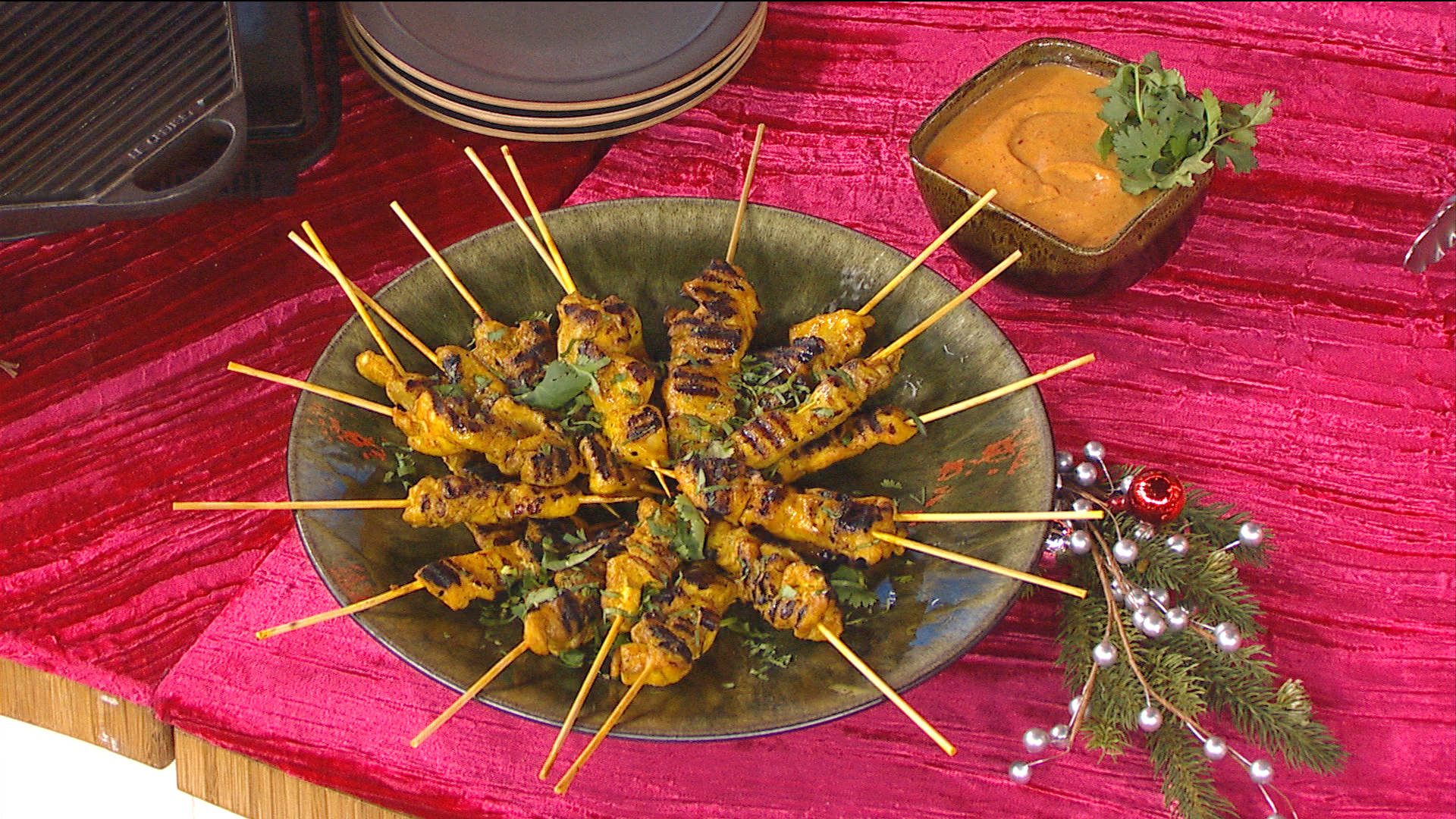 chicken satay, peanut sauce, cilantro, Full HD Desktop Wallpaper