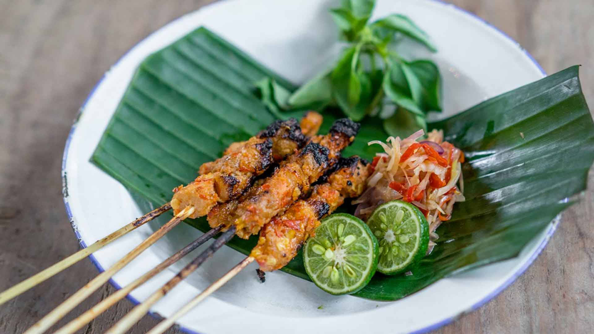 grilled chicken satay, pickled papaya relish, banana leaf, Full HD Desktop Wallpaper