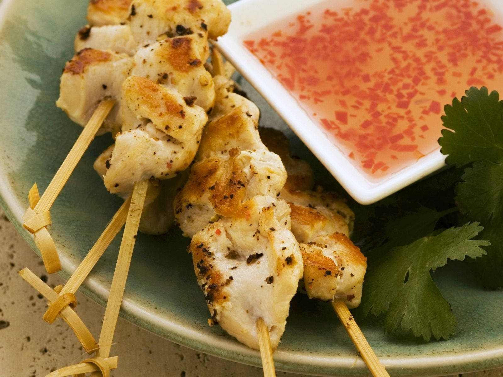 Satay, chili sauce, coriander leaves, HD Desktop Wallpaper