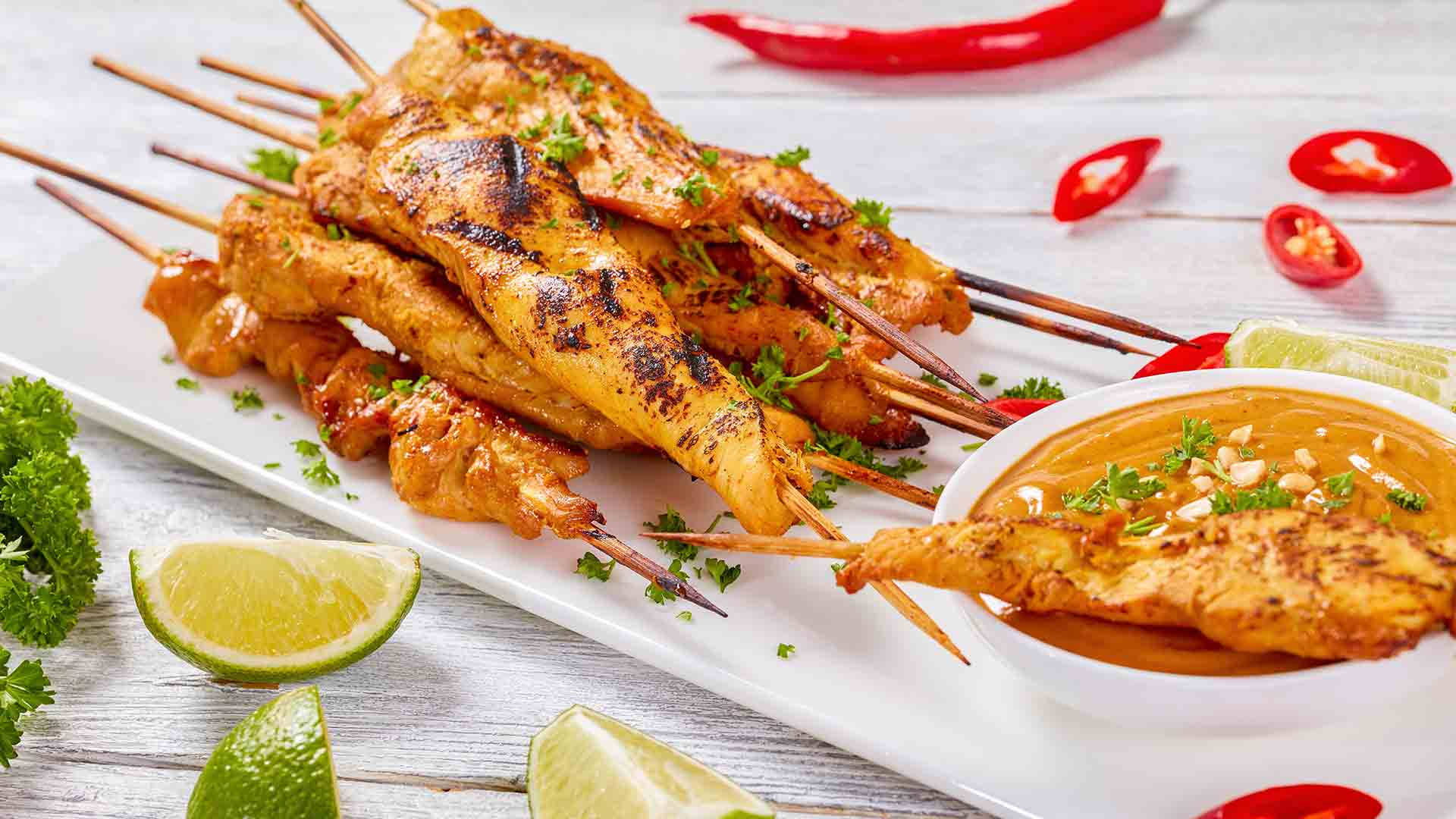 chicken satay, peanut sauce, cilantro lime wedges, Full HD Desktop Wallpaper