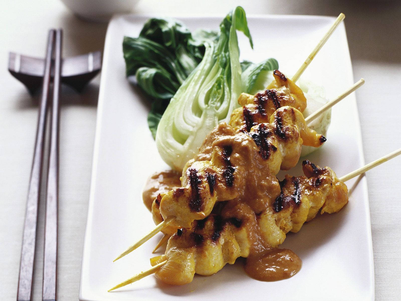 Satay, bok choy, peanut sauce, HD Desktop Wallpaper