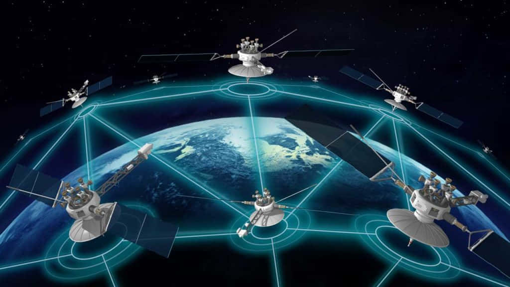 satellite, Earth, glowing blue data streams, SD Desktop Wallpaper