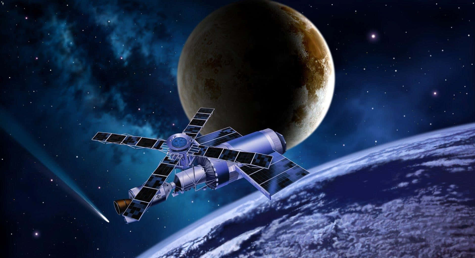 Satellite, solar panels, Earth, Full HD Desktop Wallpaper