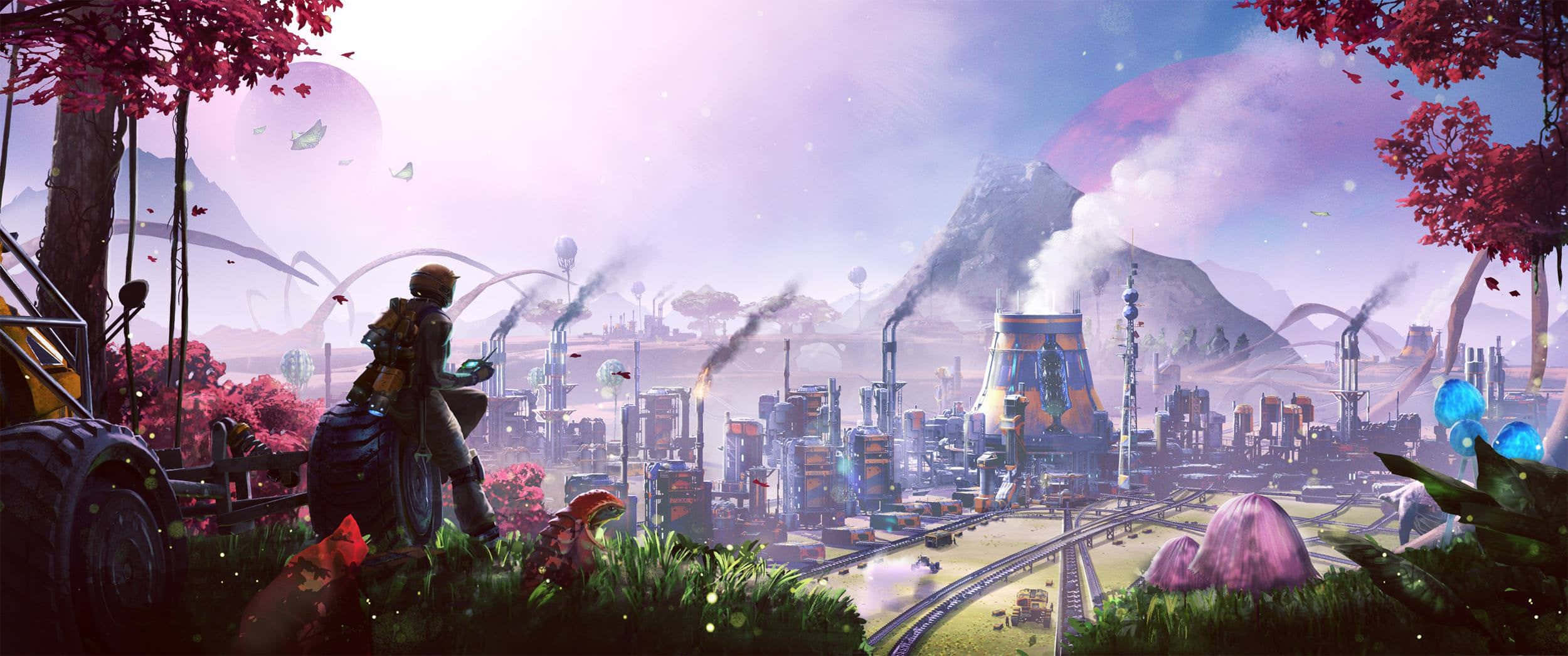 Satisfactory, futuristic city, mountains, Full HD Desktop Wallpaper