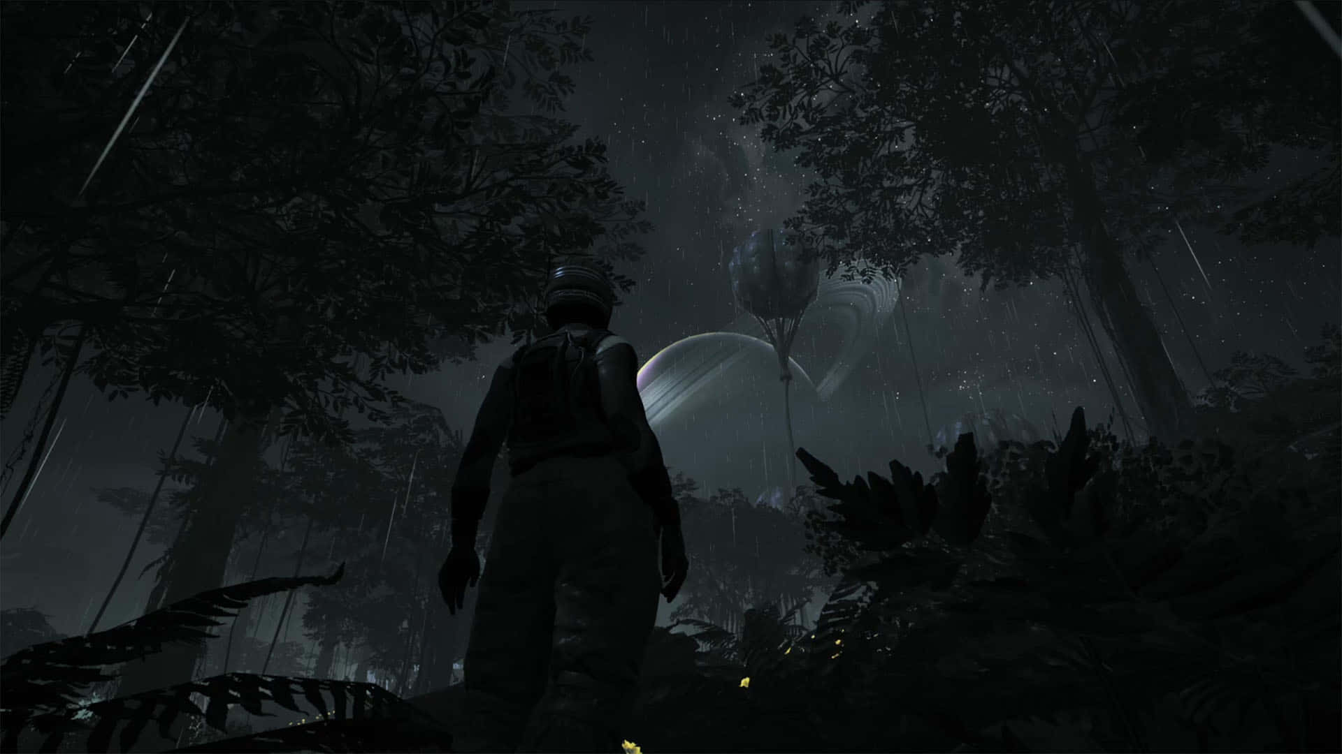 Gloomy Satisfactory, rain-soaked jungle, night, Full HD Desktop Wallpaper