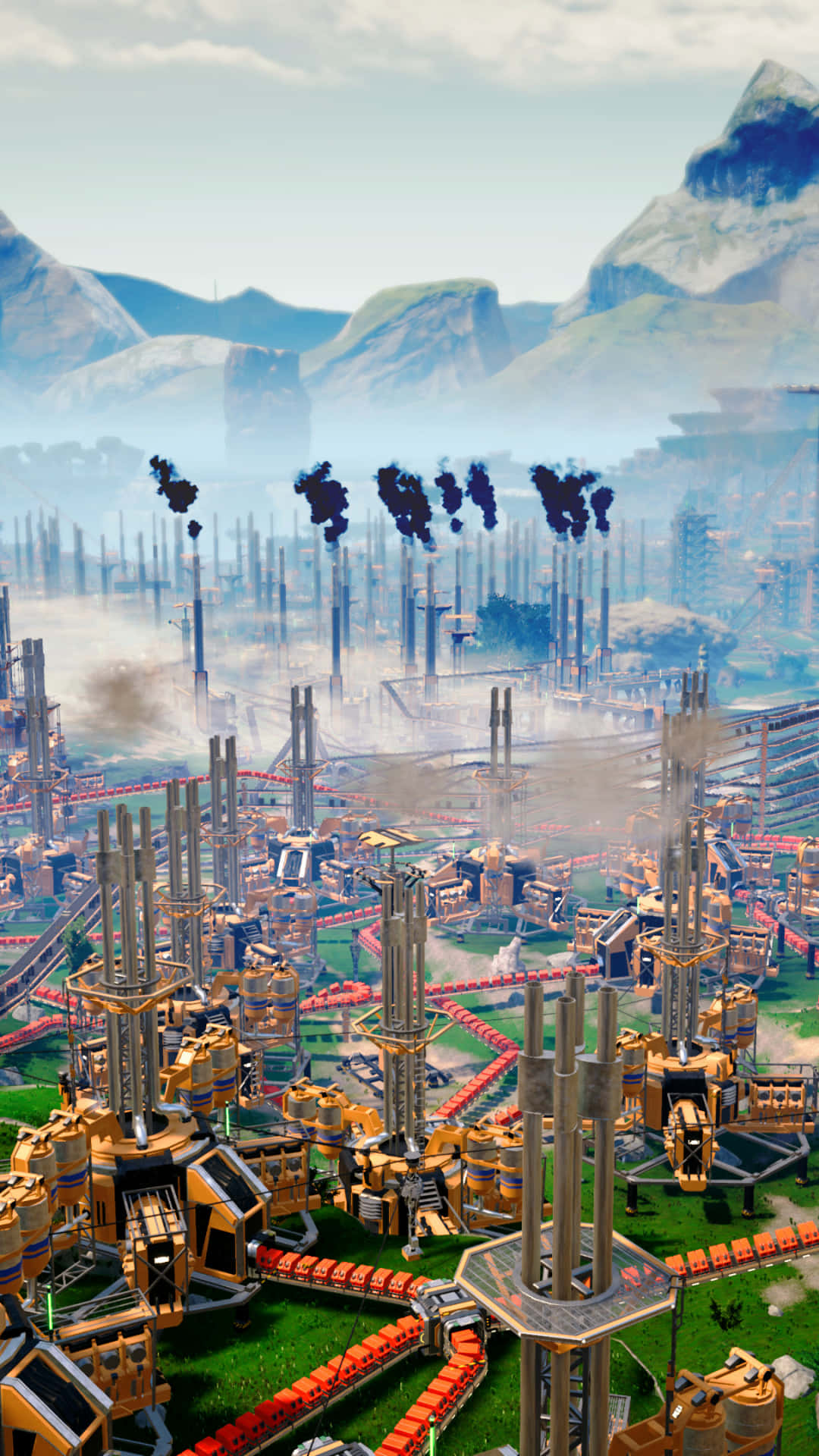 Satisfactory, futuristic industrial complex, towering pipes, Full HD Phone Wallpaper