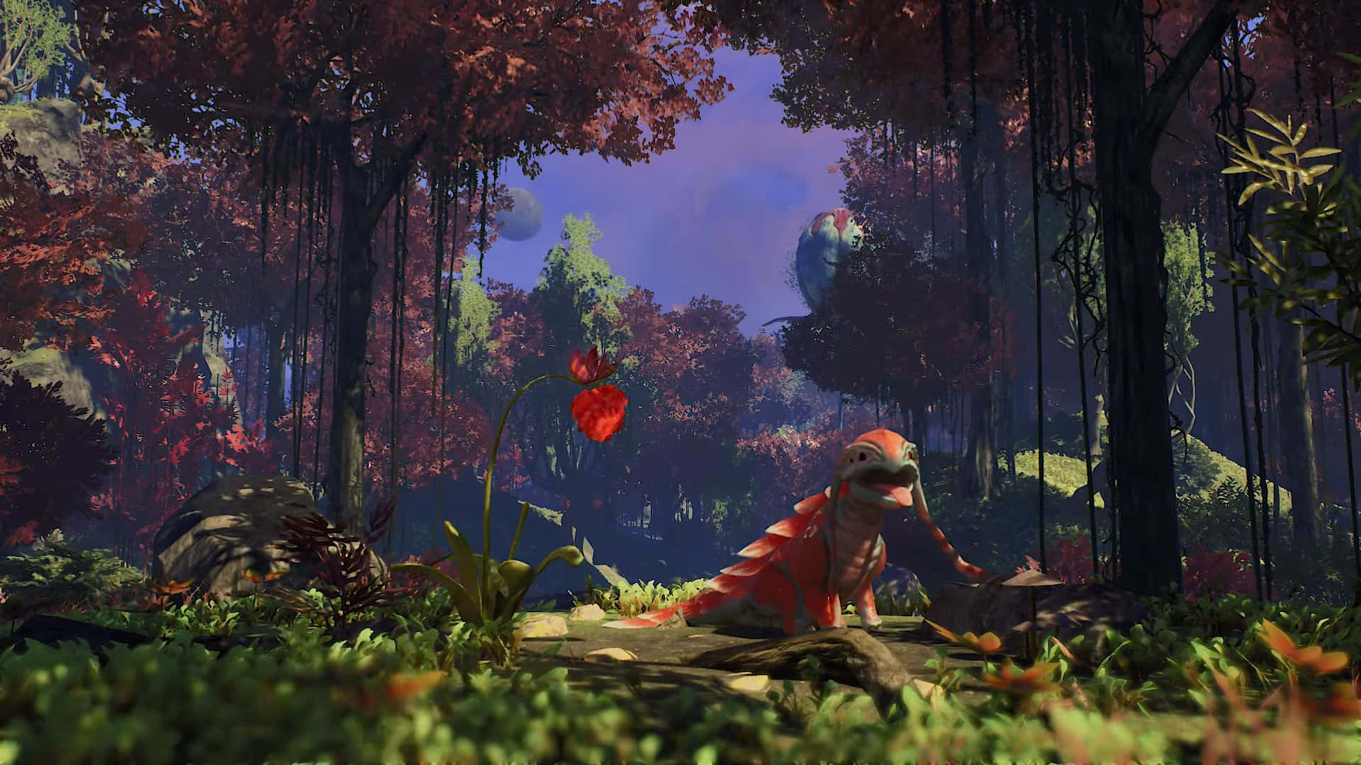 Satisfactory, red dragon-like creature, mystical forest, Full HD Desktop Wallpaper