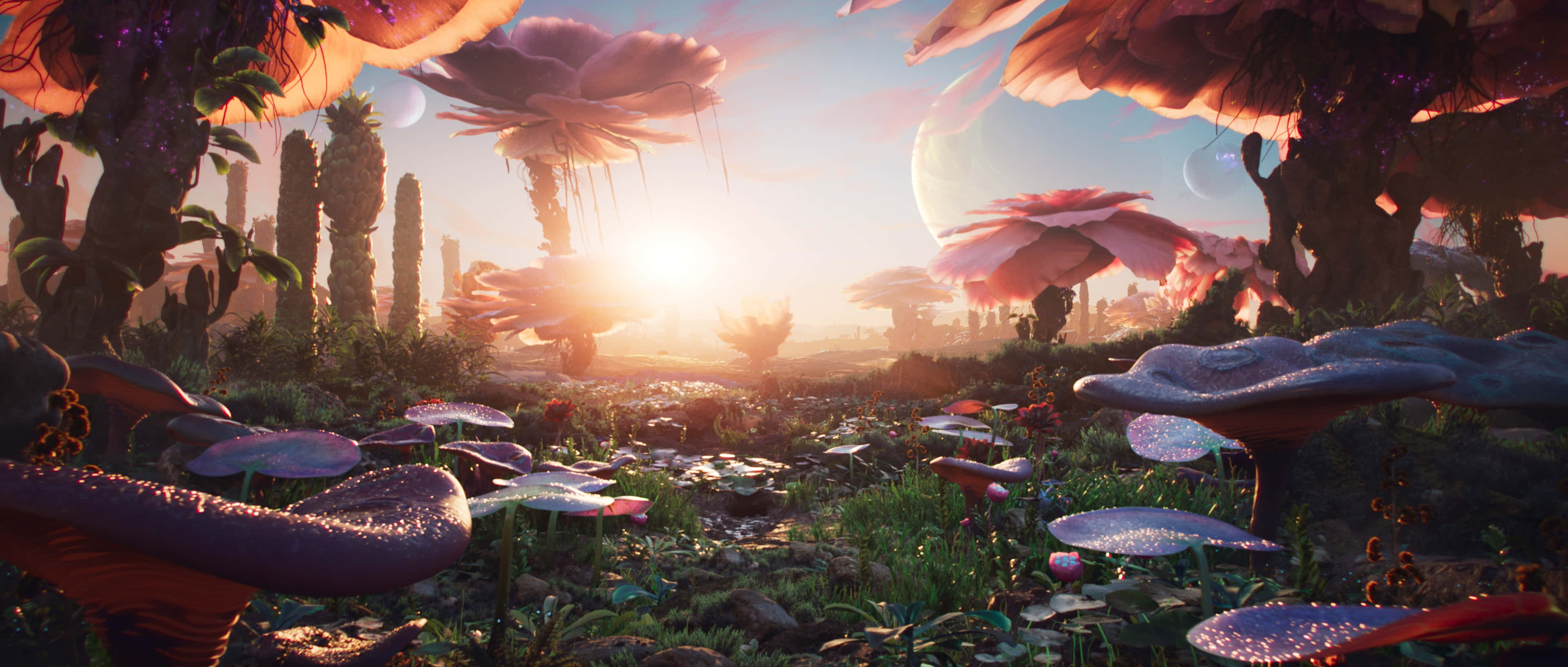 Satisfactory, sunset, giant glowing mushrooms, 4K Desktop Wallpaper
