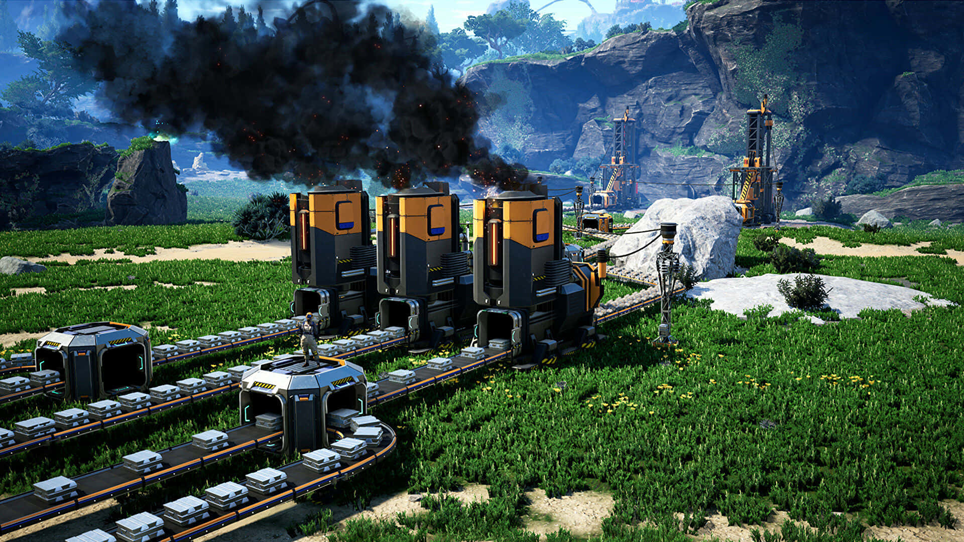 Satisfactory, steam engine, orange and black carriages, Full HD Desktop Wallpaper