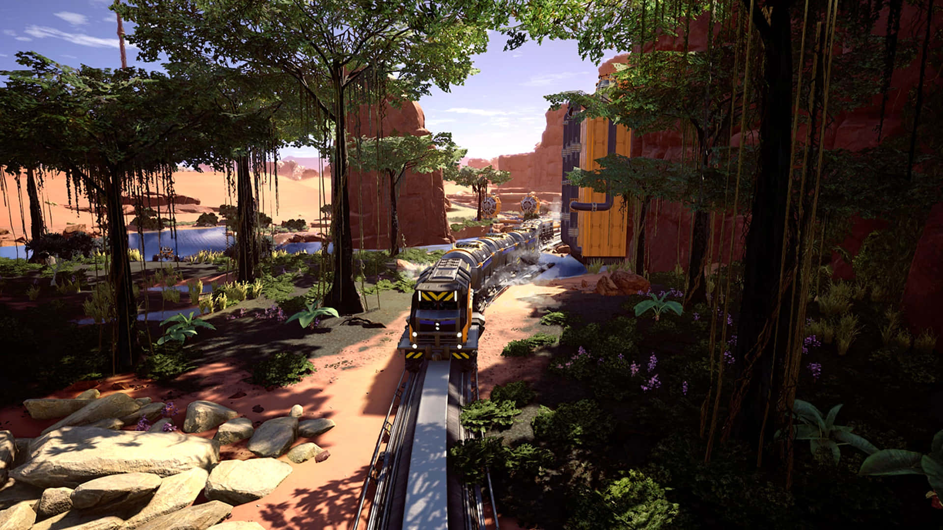 Satisfactory, futuristic train, lush jungle canyon, Full HD Desktop Wallpaper