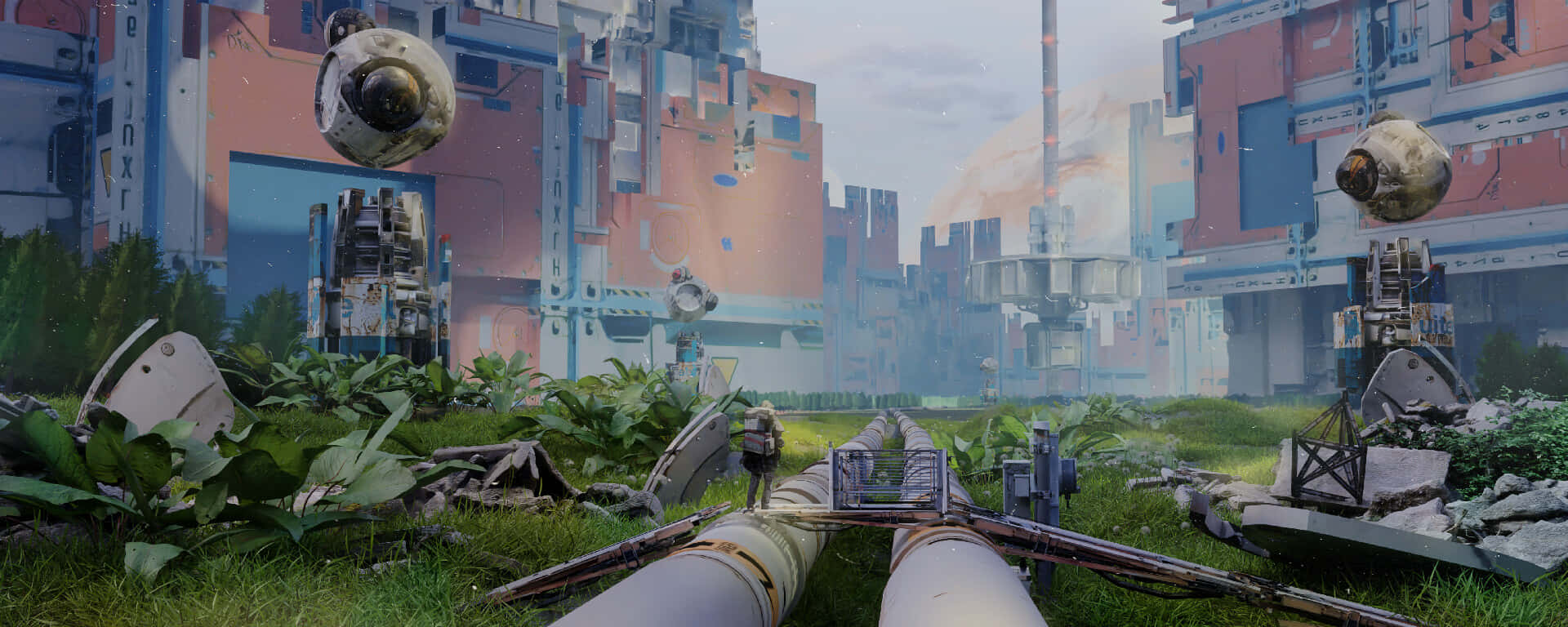 Satisfactory, rundown city, floating drones, Full HD Desktop Wallpaper