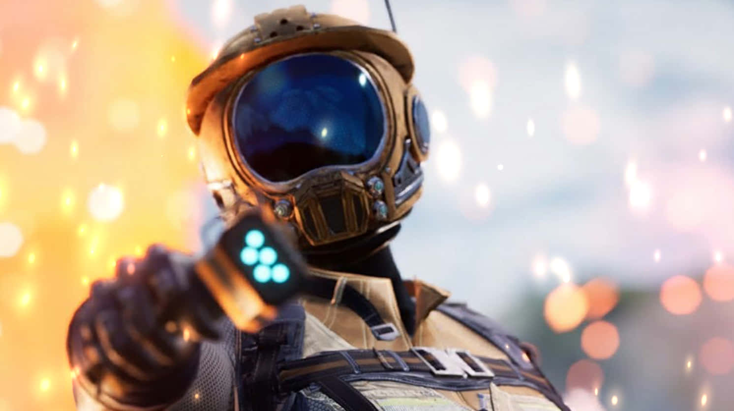 Satisfactory, gold armored suit, glowing blue visor, HD Desktop Wallpaper
