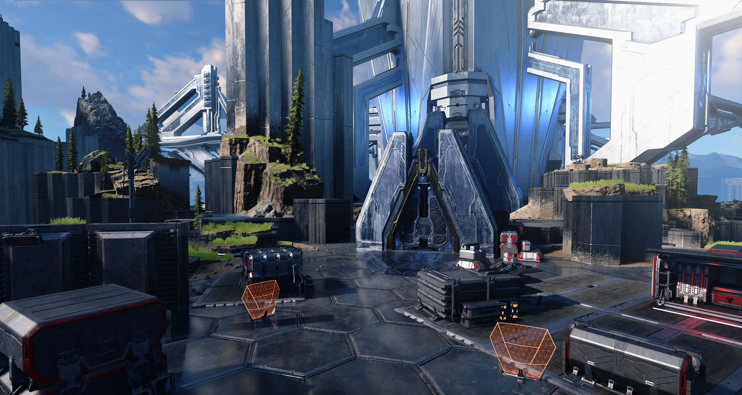 Satisfactory, futuristic sci-fi base, towering metallic structures, 2K Desktop Wallpaper