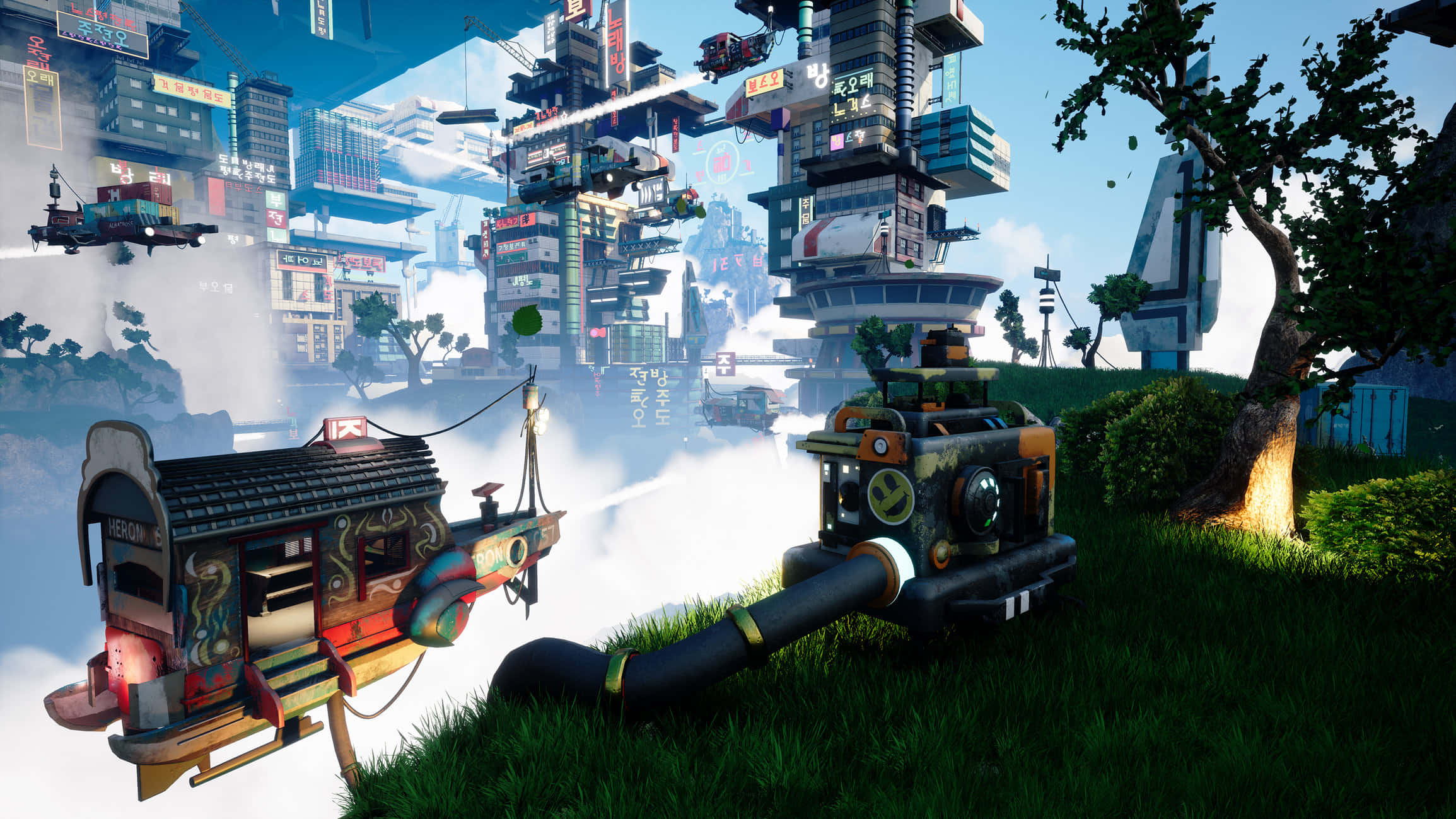 Satisfactory, floating cityscape, steampunk vehicles, Full HD Desktop Wallpaper