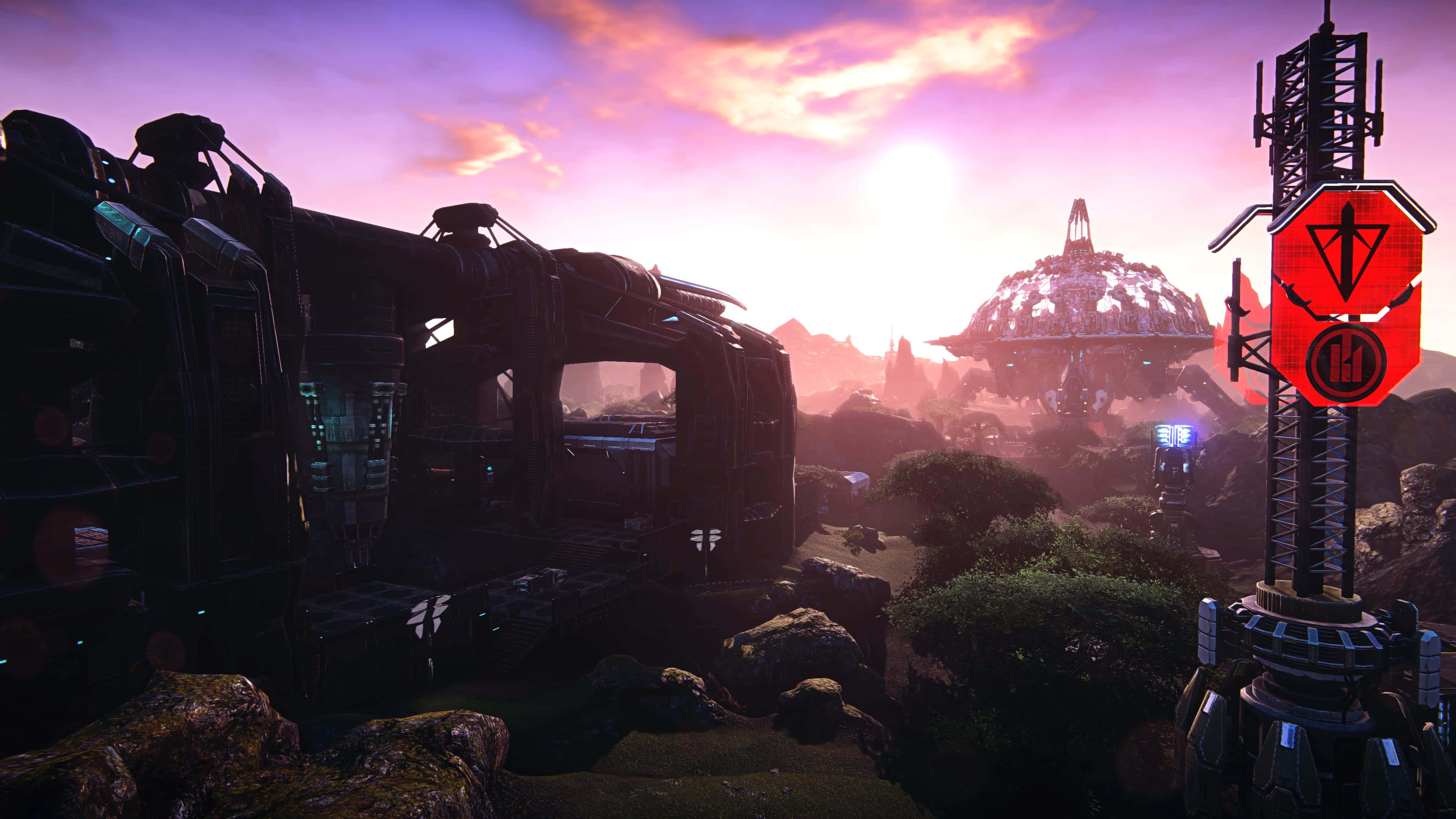Satisfactory, sunset, crashed spaceship, 4K Desktop Wallpaper