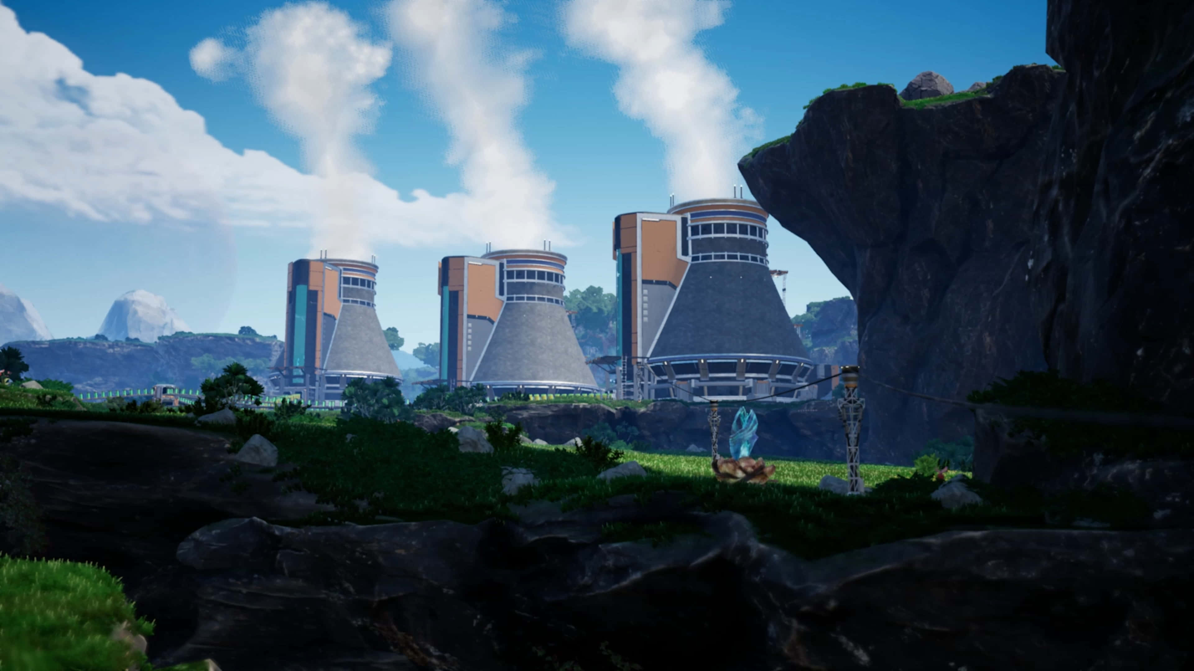 Satisfactory, nuclear cooling towers, bright blue sky, 4K Desktop Wallpaper