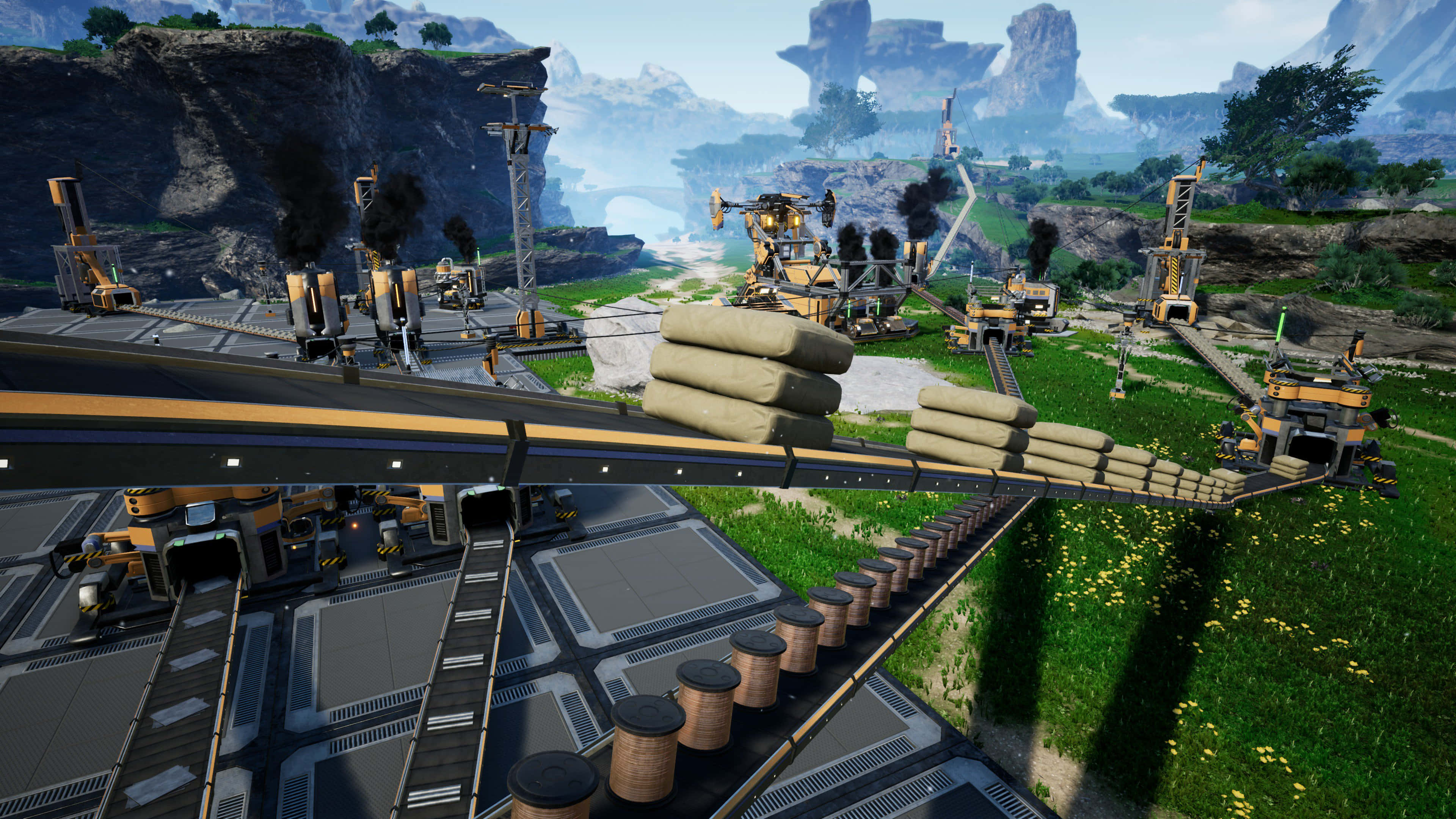 Satisfactory, conveyor belt, futuristic industrial complex, 4K Desktop Wallpaper