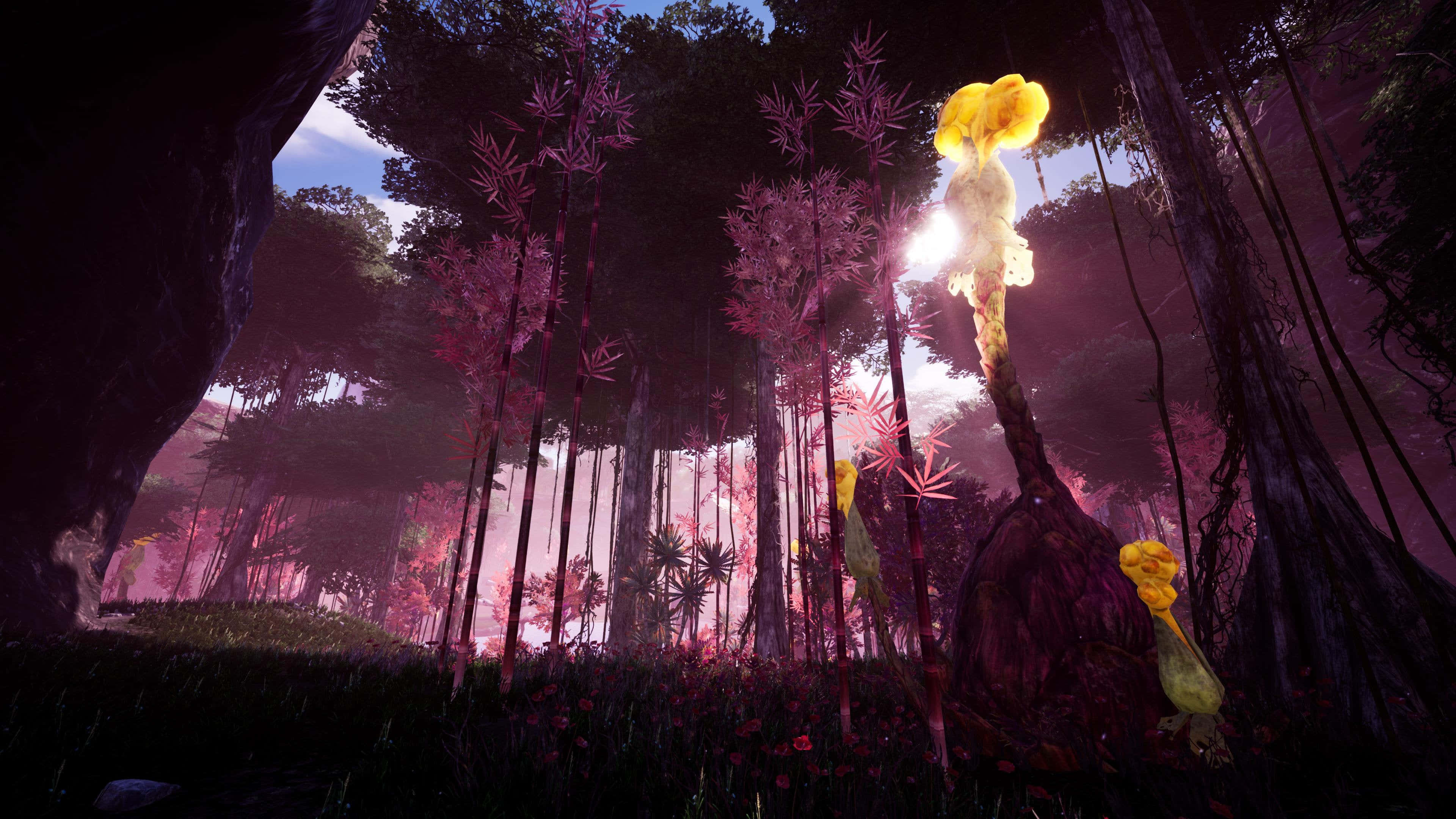 Satisfactory, forest, purple twilight, 4K Desktop Wallpaper