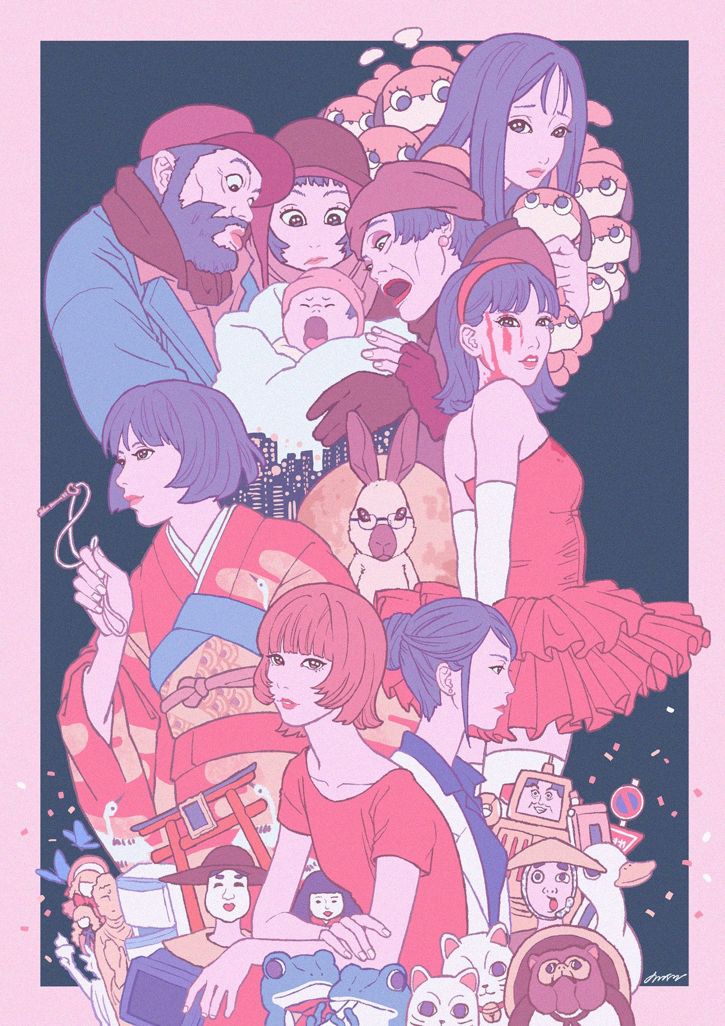 Satoshi Kon, anime-style collage, pink and purple tones, Full HD Phone Wallpaper