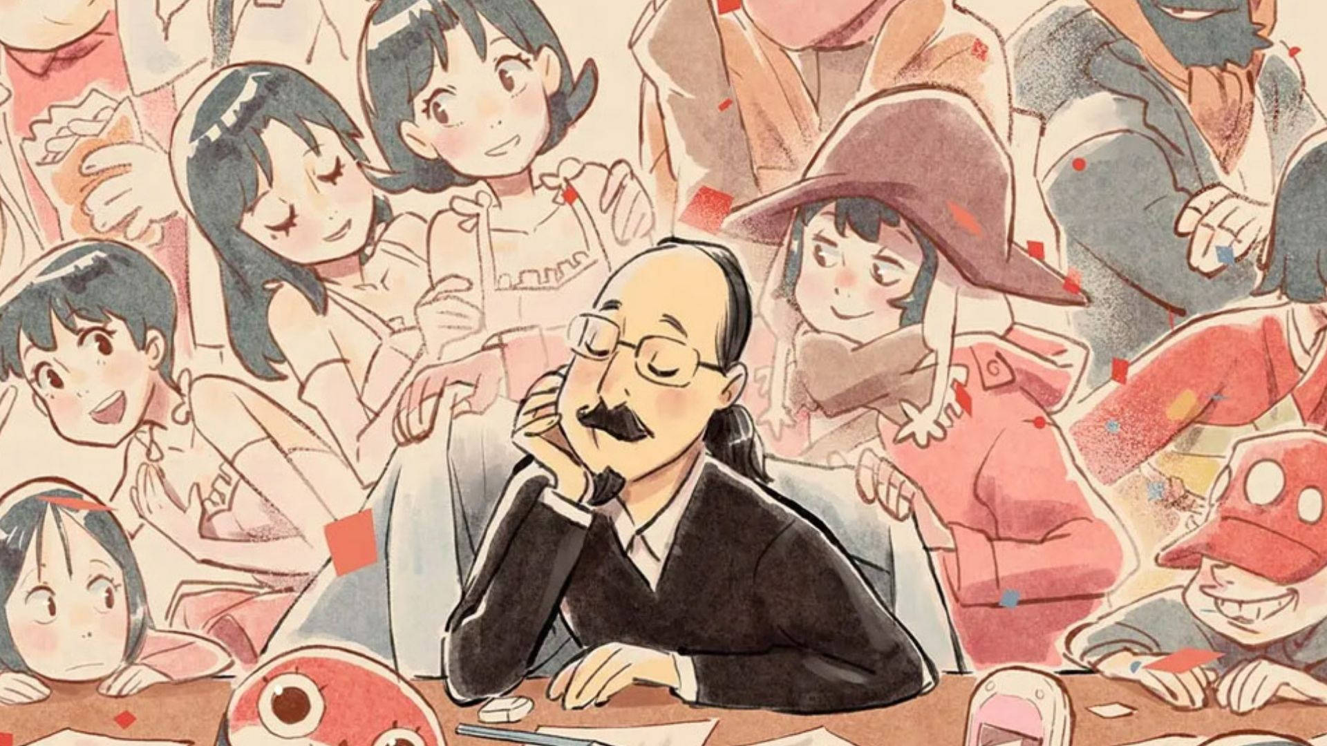 Satoshi Kon, watercolor illustration, glasses, Full HD Desktop Wallpaper