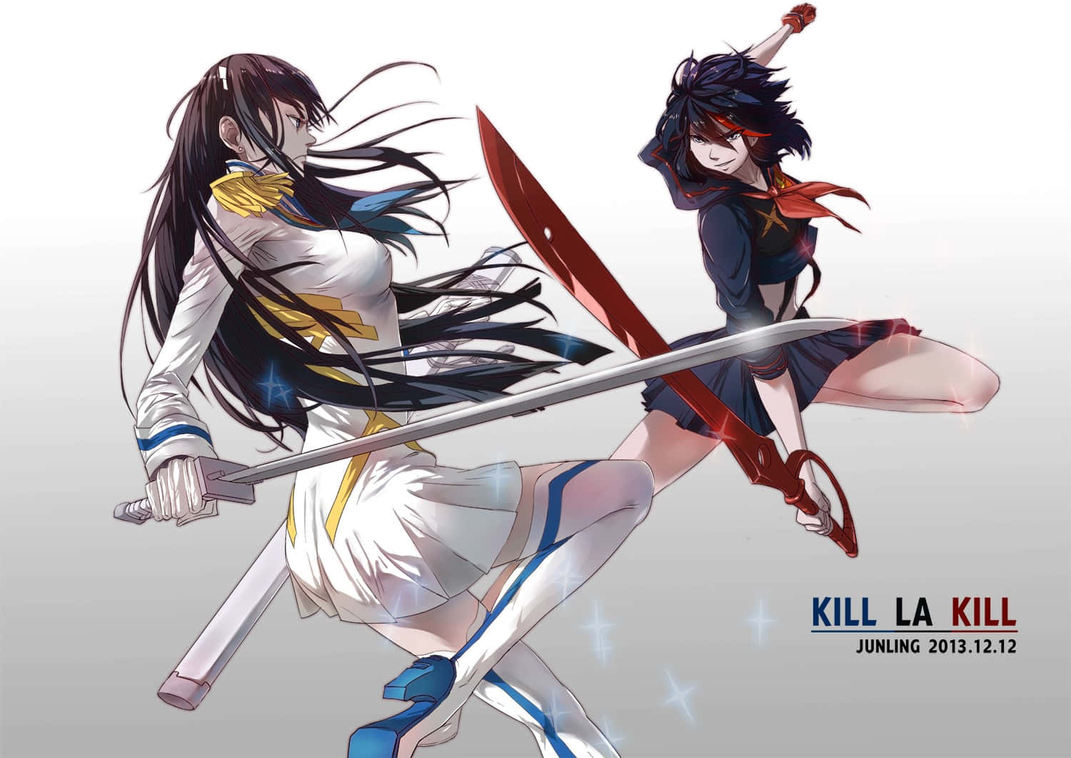Satsuki Kiryuin, school uniforms, clash swords mid-air, HD Desktop Wallpaper