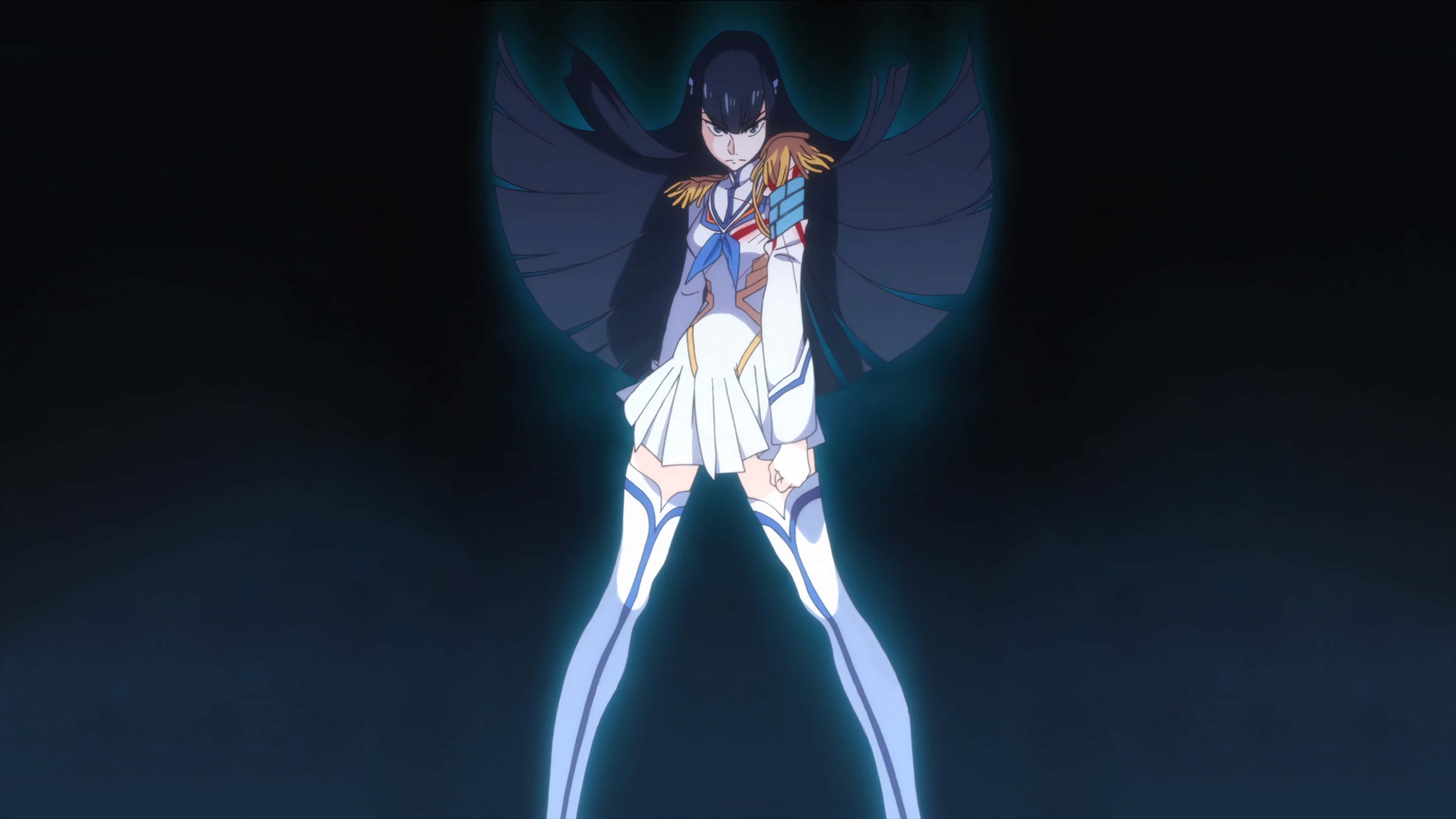 Satsuki Kiryuin, dark-haired anime girl, glowing wings, 4K Desktop Wallpaper