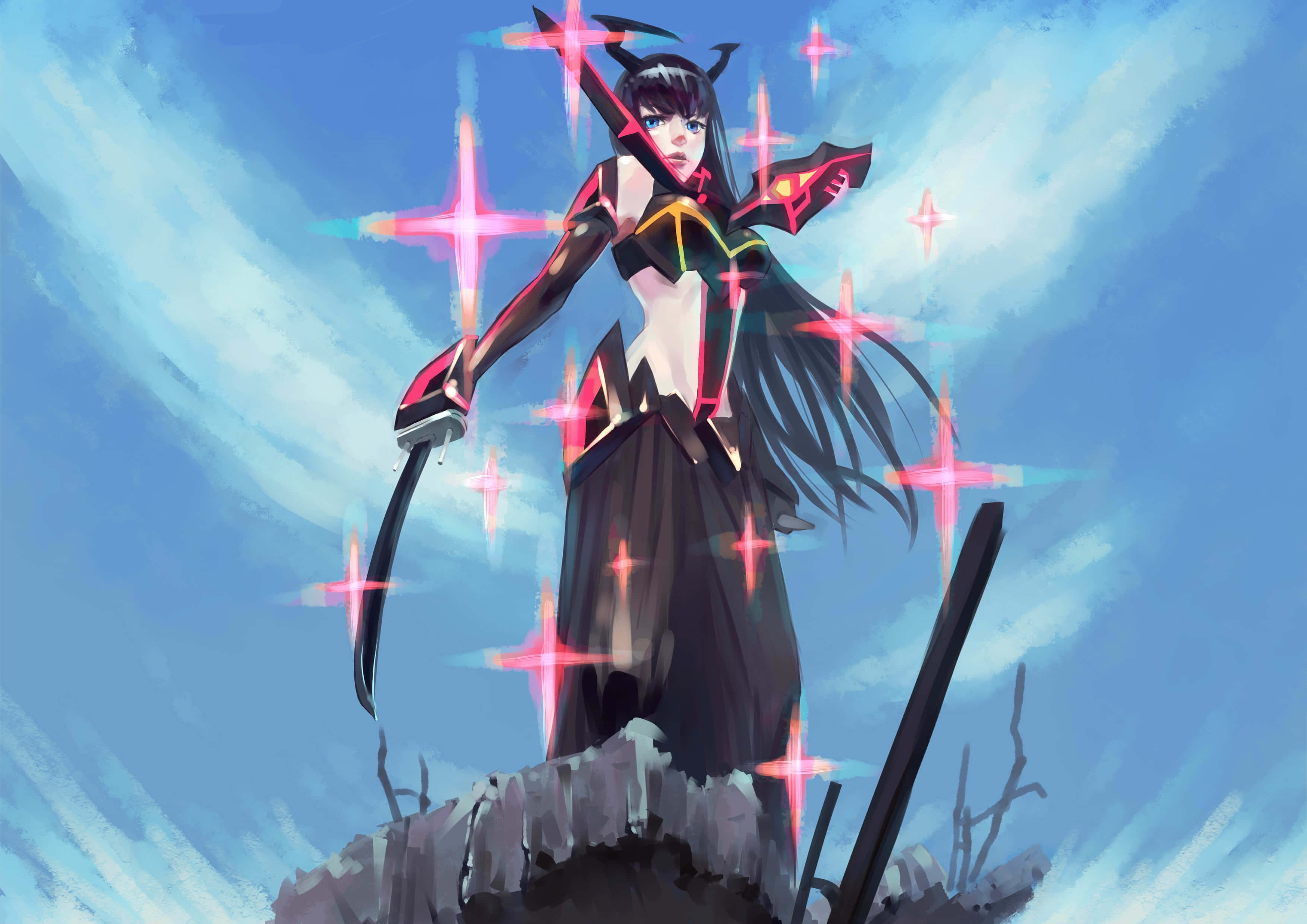 Satsuki Kiryuin, black armor, glowing sword, 2K Desktop Wallpaper