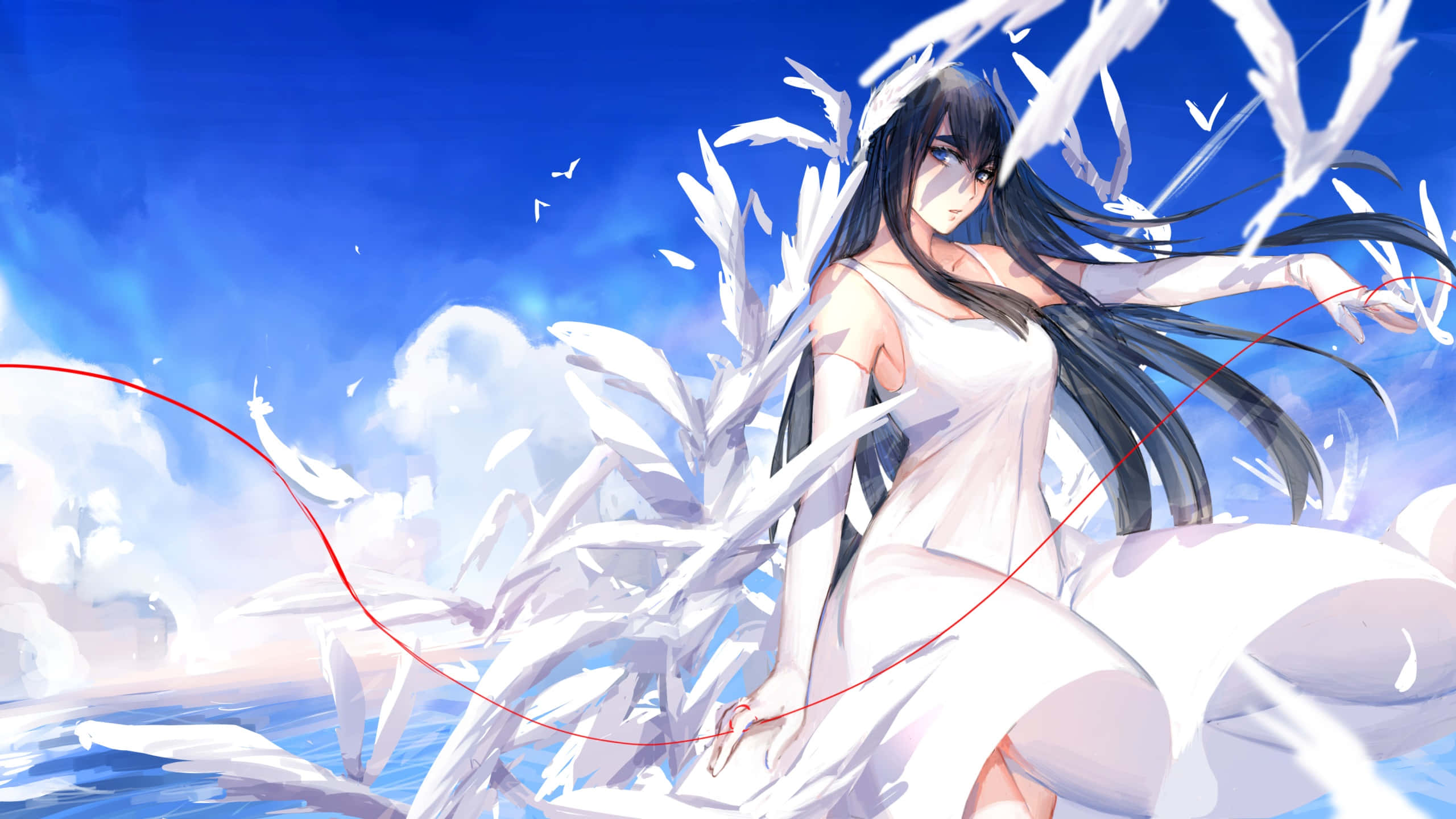 Satsuki Kiryuin, long black hair, white dress, 2K Desktop Wallpaper