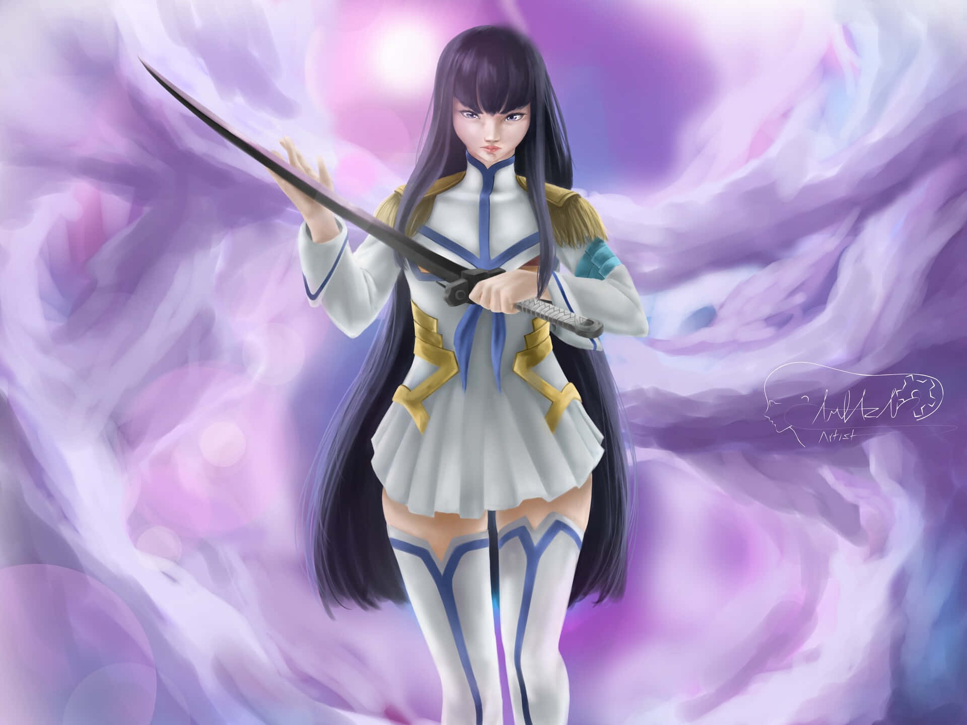 Satsuki Kiryuin, long dark hair, sword, Full HD Desktop Wallpaper