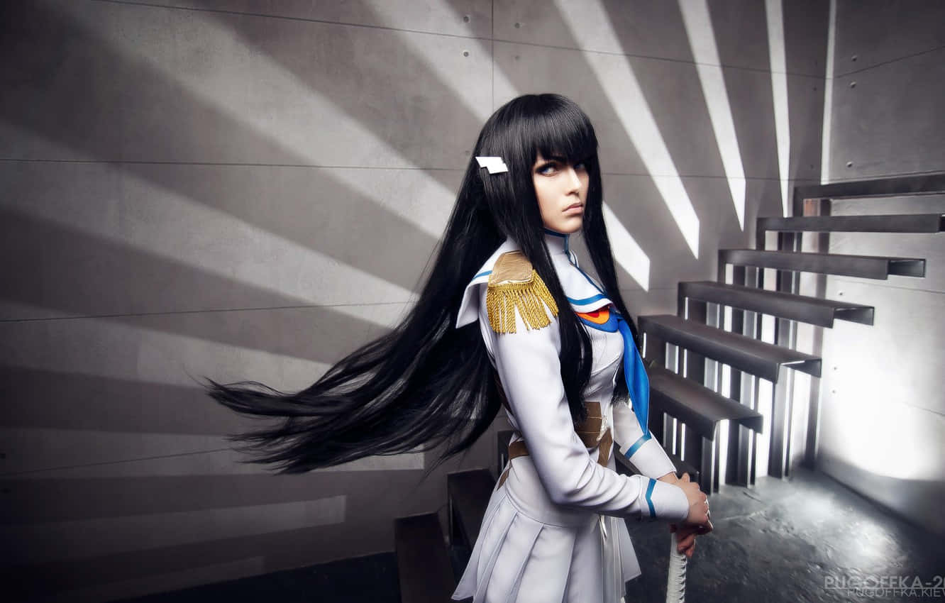 Satsuki Kiryuin, long black hair, white uniform, HD Desktop Wallpaper