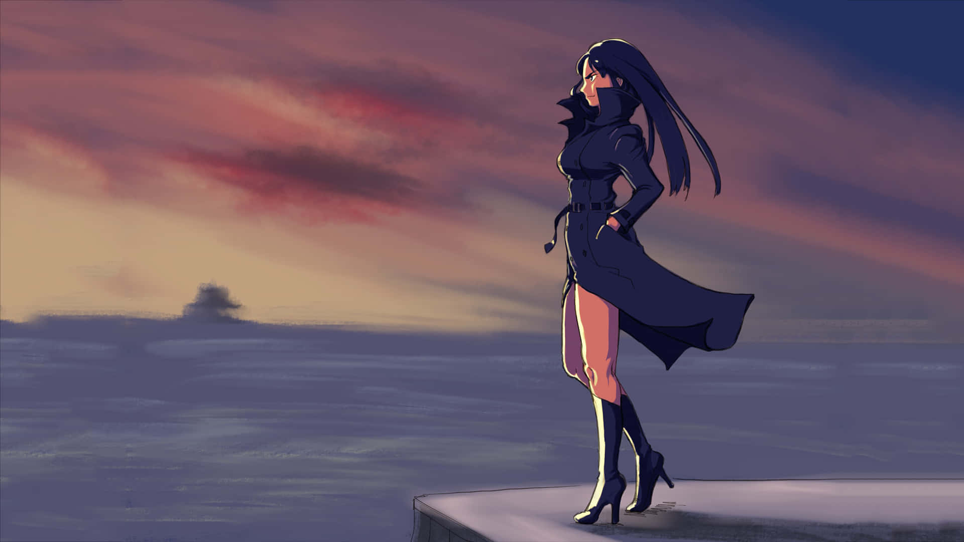 Satsuki Kiryuin, cliff edge, vibrant sunset sky, Full HD Desktop Wallpaper