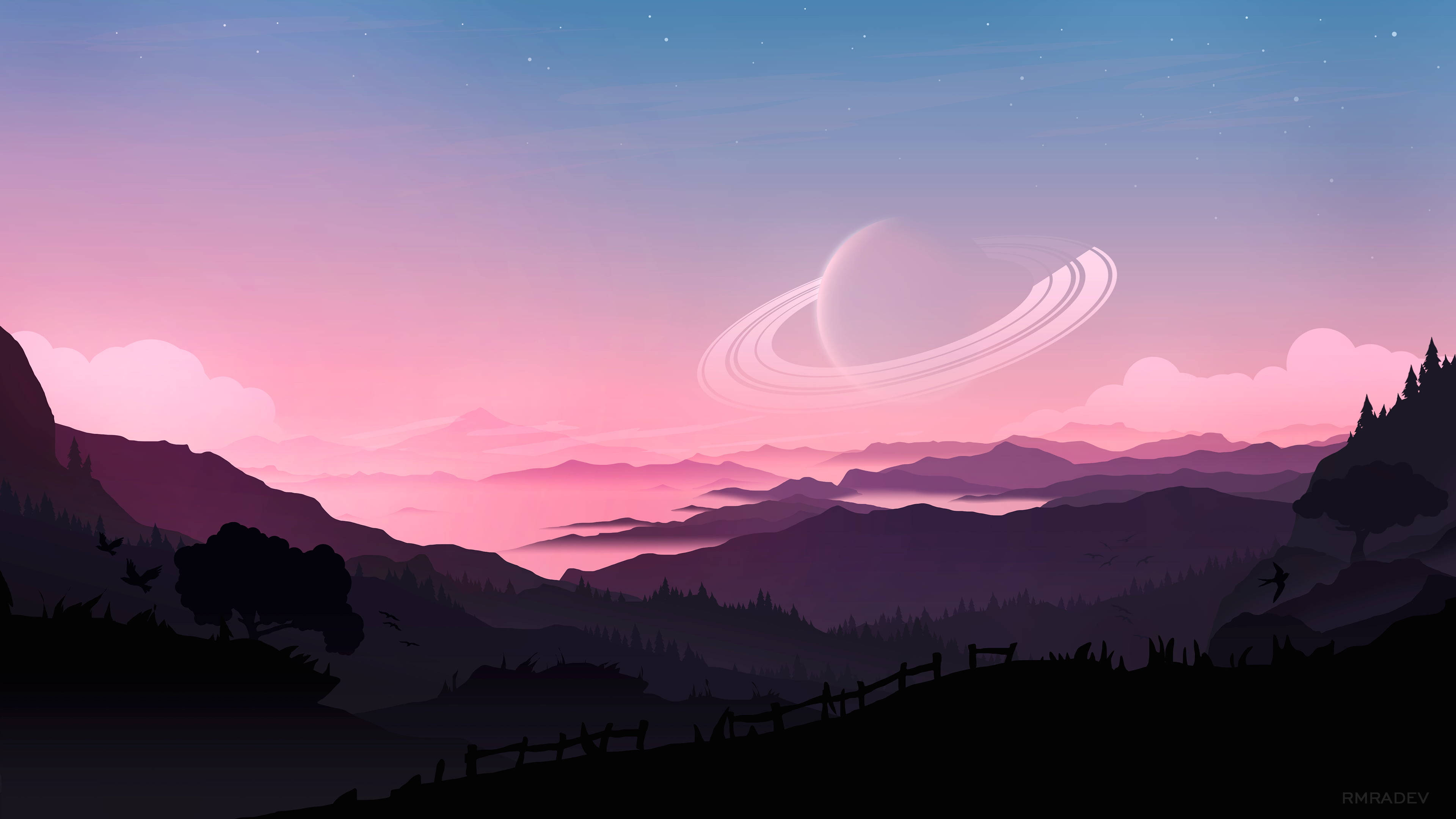 Pink Saturn 4K, twilight sky, ringed planet, 4K Desktop Wallpaper