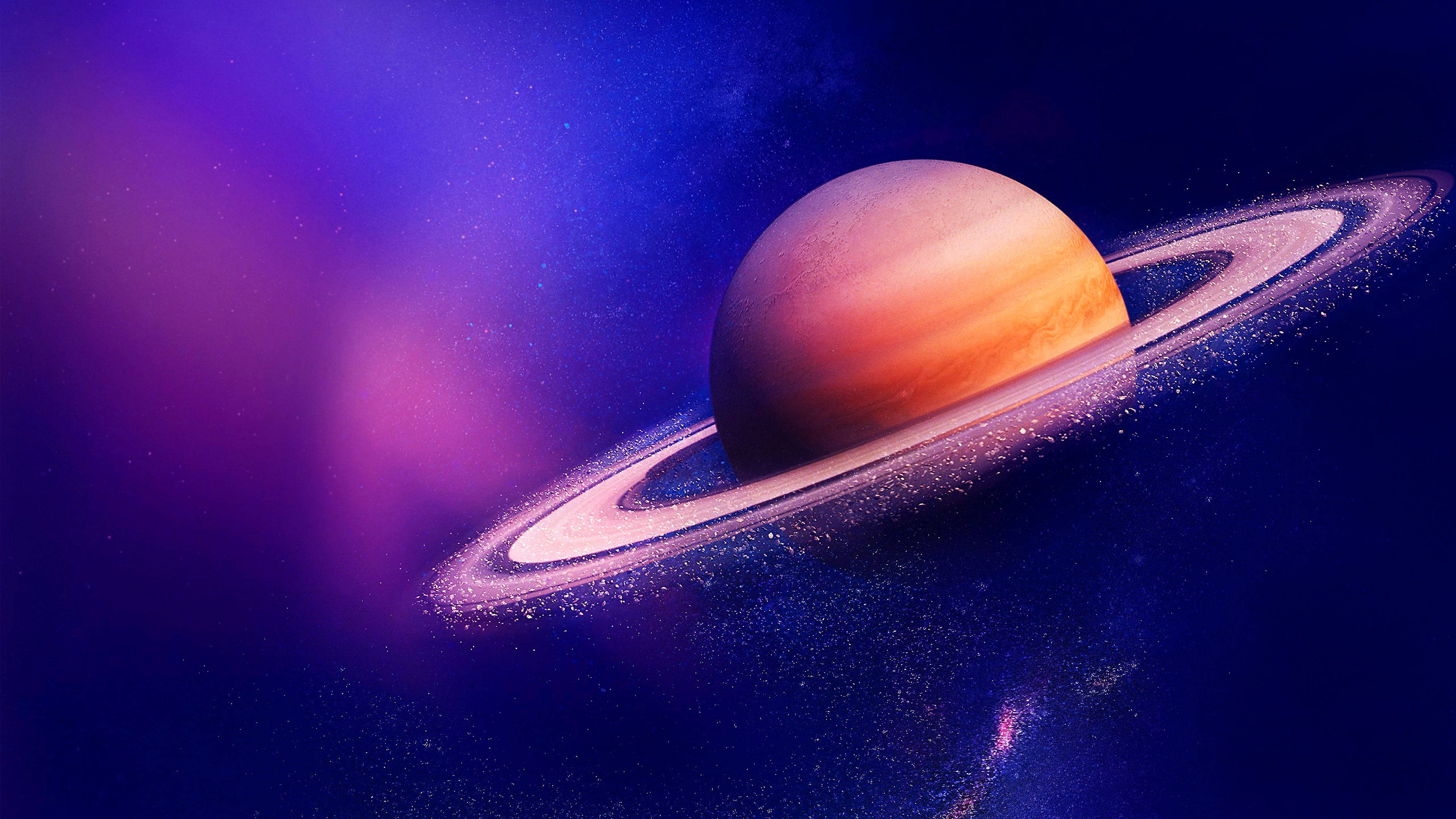 Saturn, ringed planet, deep purple and blue nebulae, 4K Desktop Wallpaper