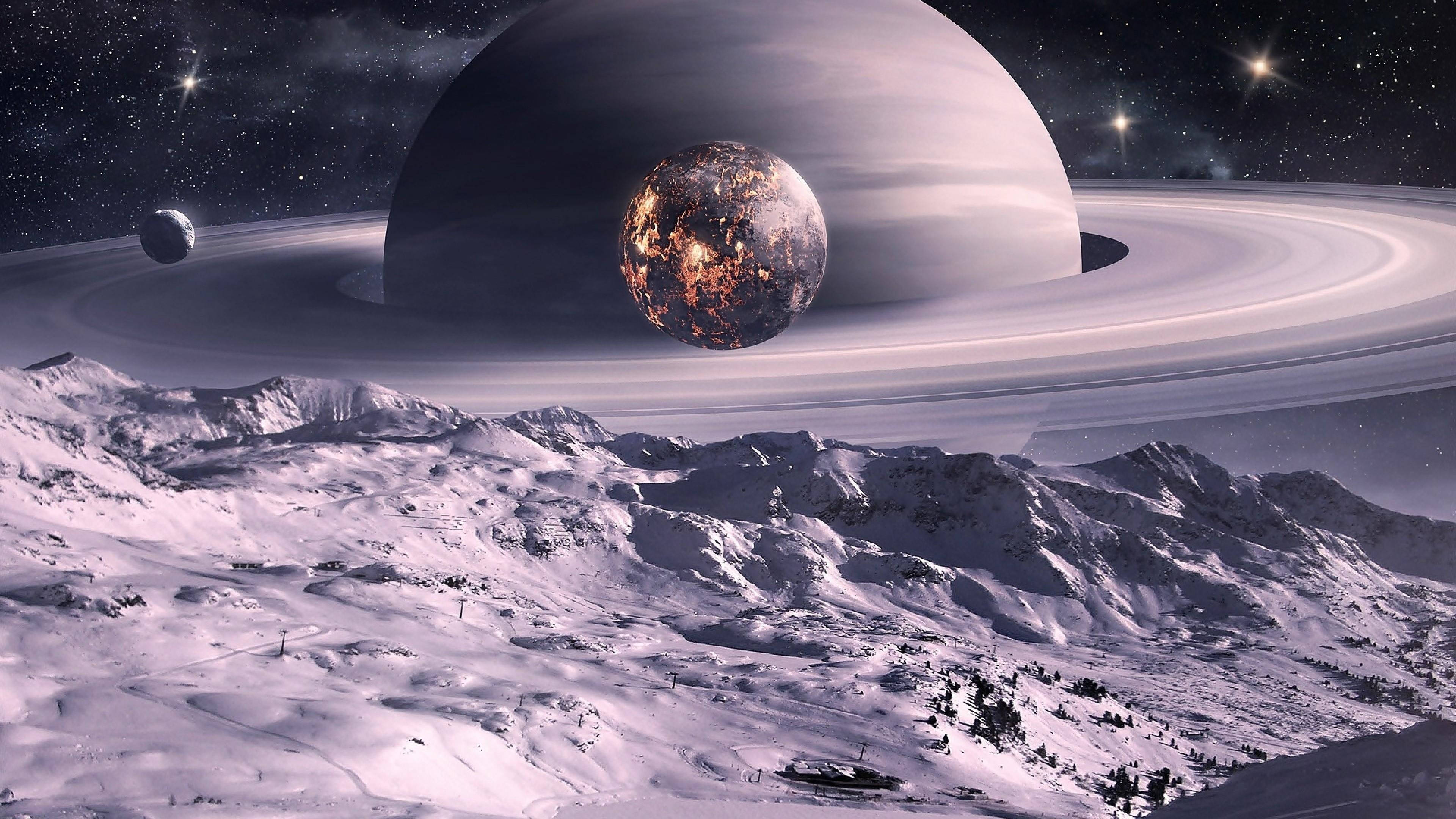 Saturn, ringed planet, fiery moon, 4K Desktop Wallpaper