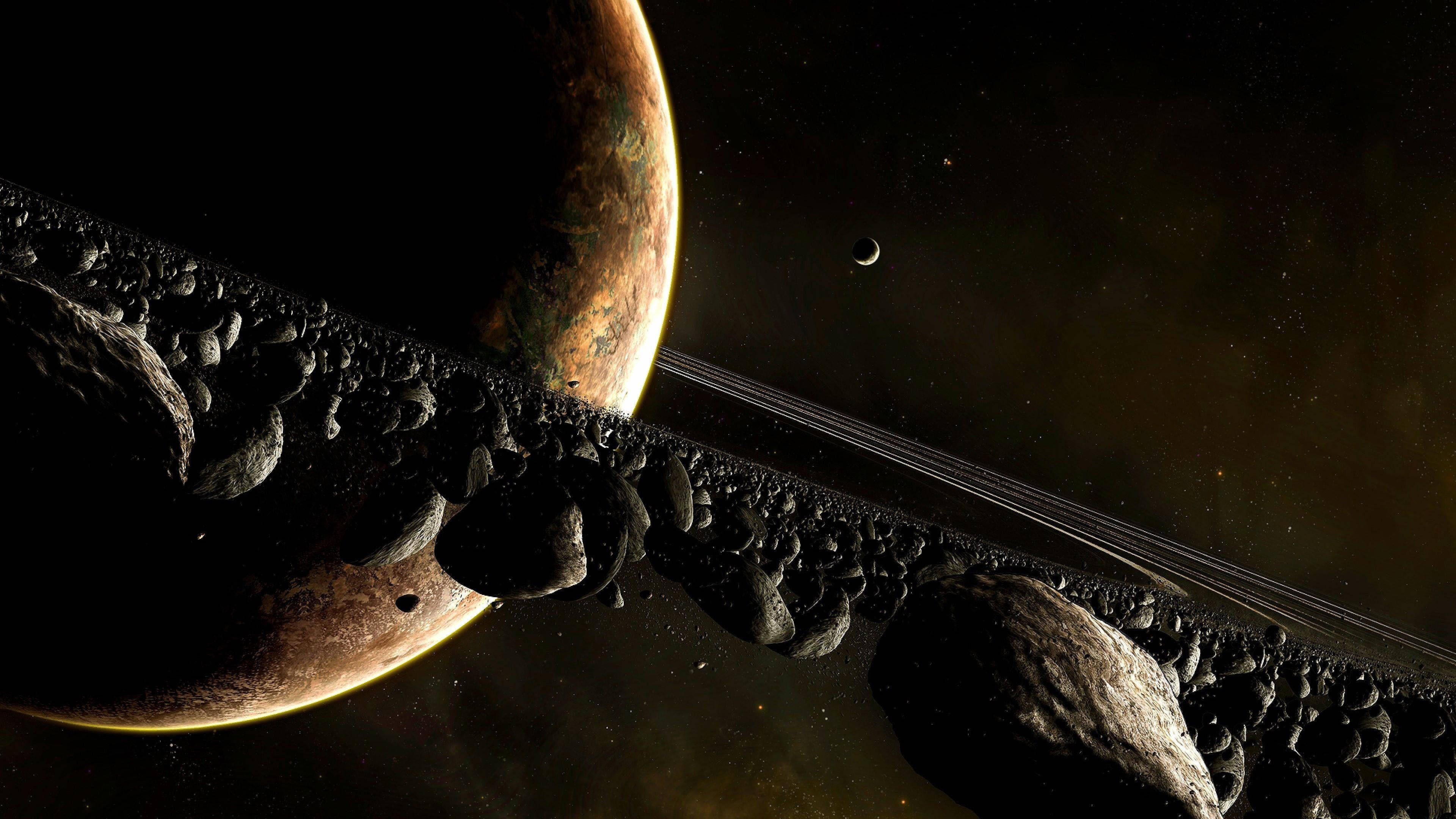 Saturn, rings, moon lo, 4K Desktop Wallpaper