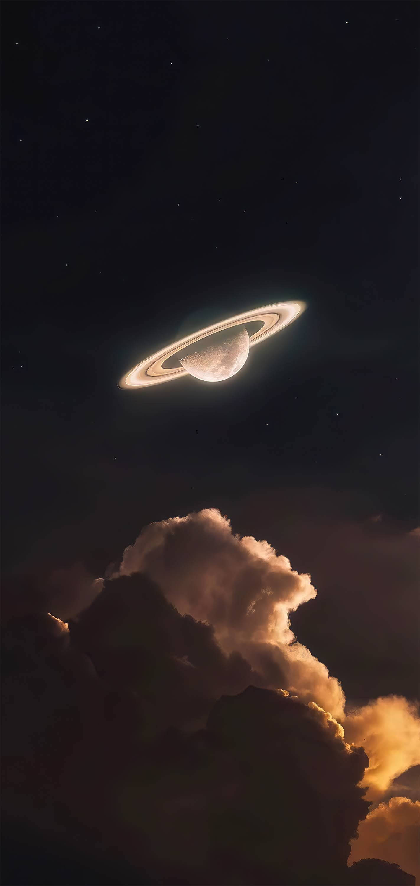 Saturn, glowing, ringed planet, 2K Phone Wallpaper