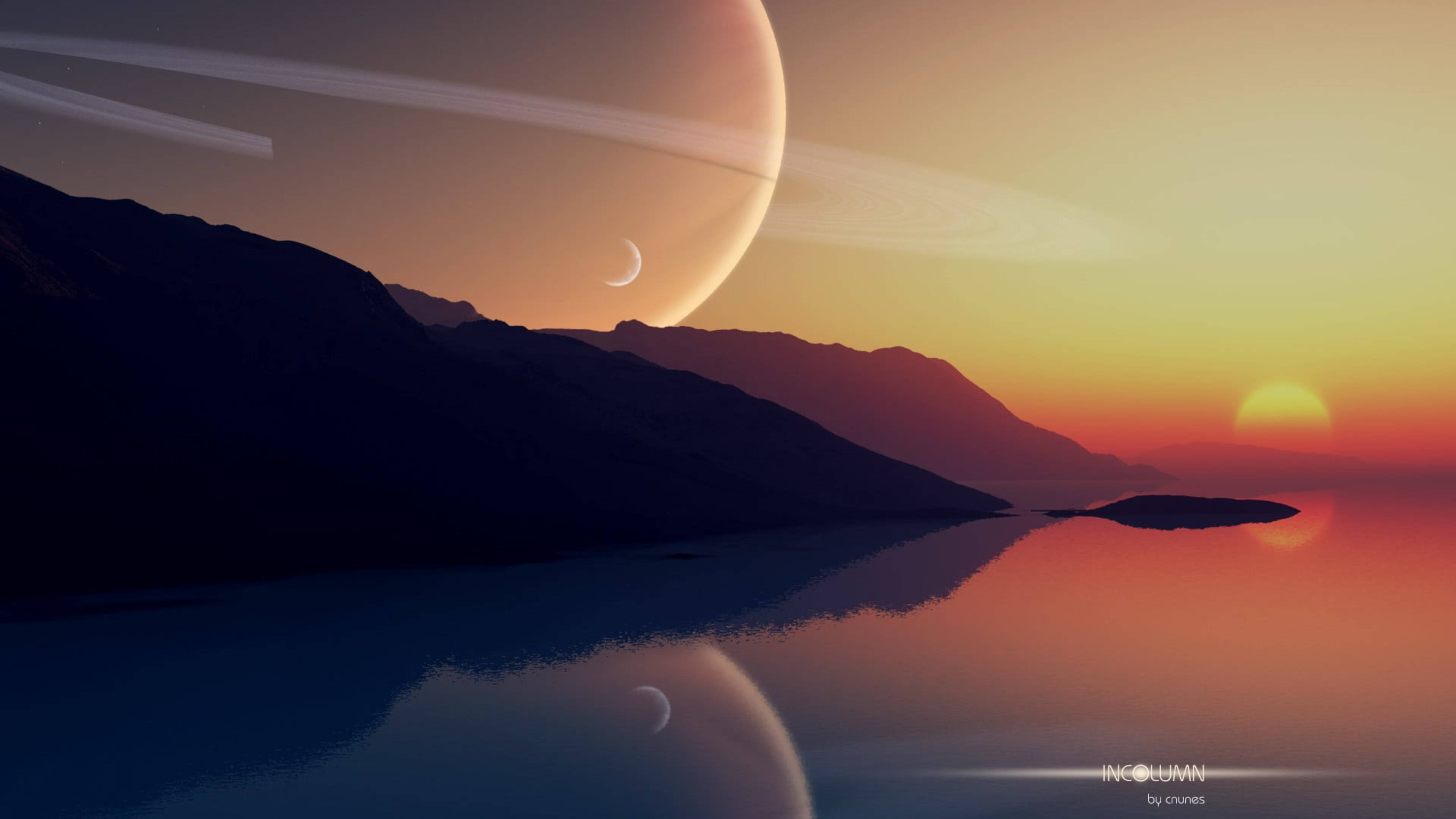 Earth To Saturn 4K, ringed planet, crescent moon, 4K Desktop Wallpaper