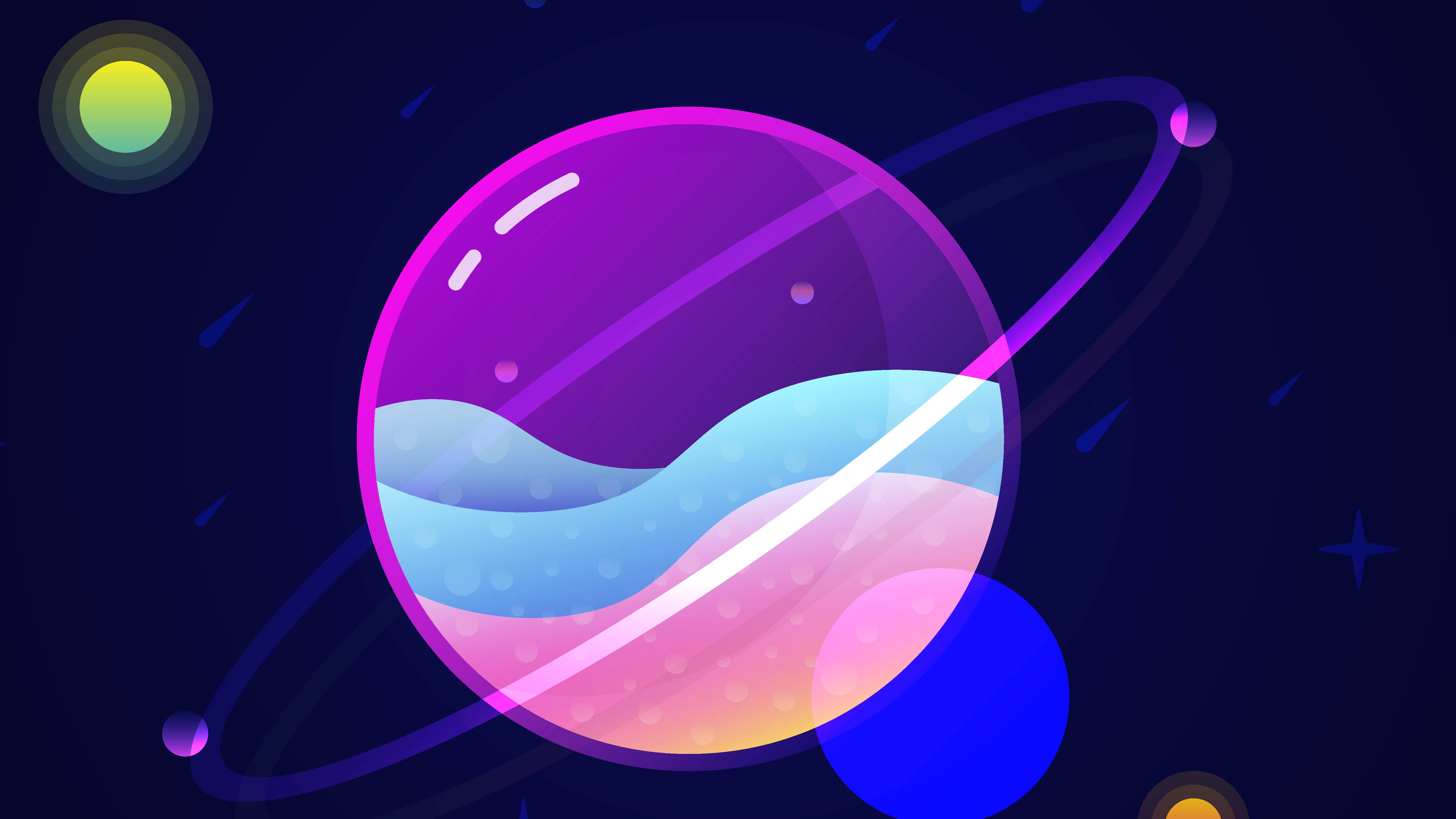 Transparent Saturn 4K, swirling pastel oceans, glowing rings, 5K Desktop Wallpaper