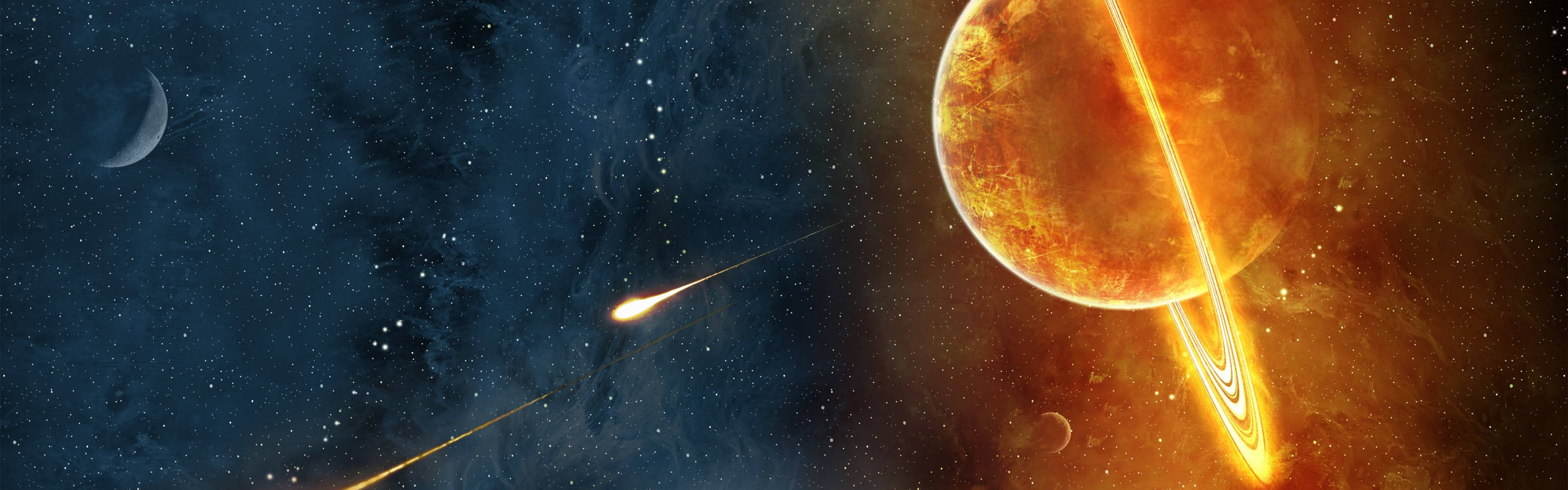 Burning Saturn 4K, fiery ringed planet, starry cosmic scene, 2K Desktop Wallpaper