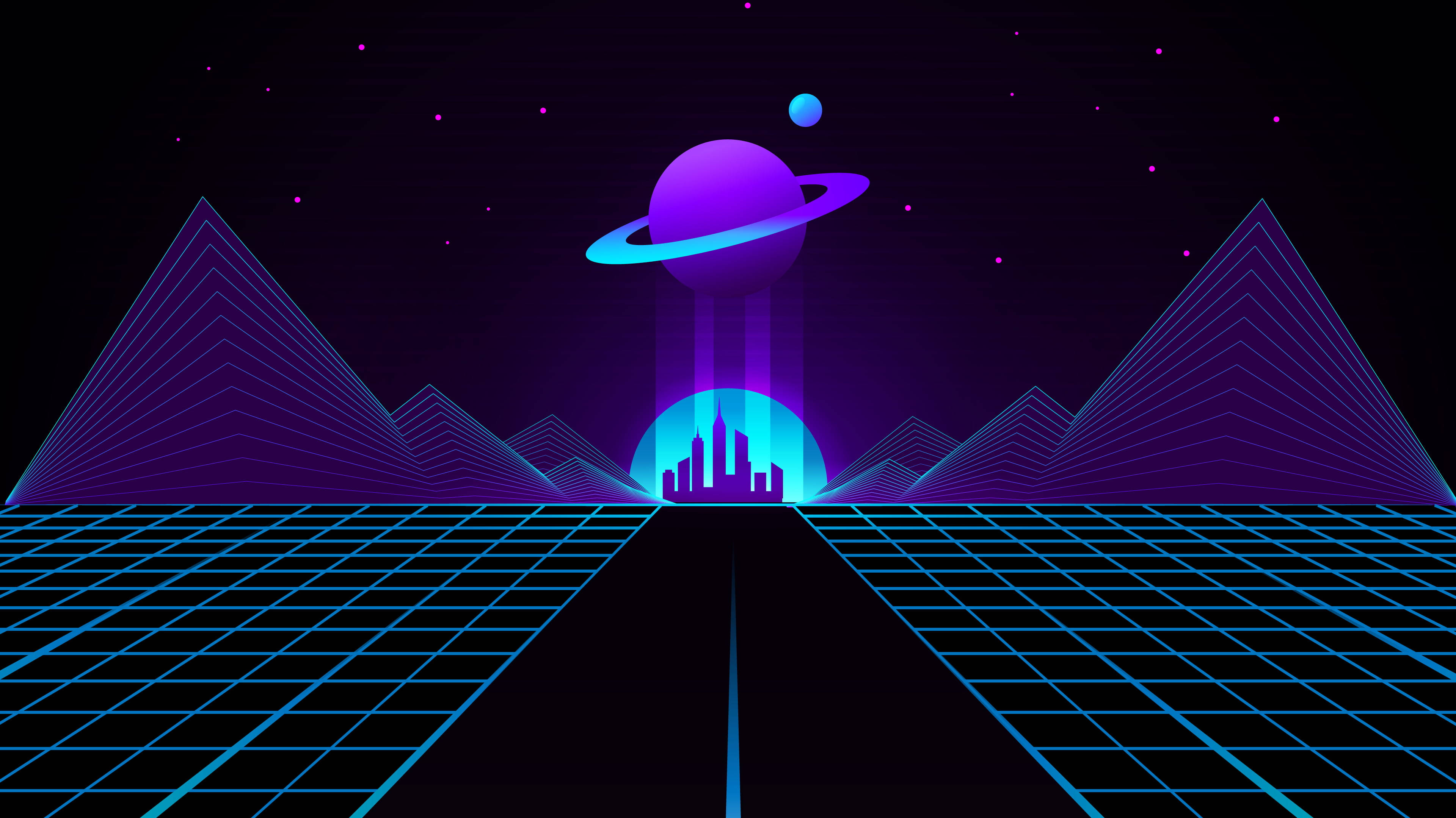 Vaporwave, Saturn, neon cyberpunk landscape, 4K Desktop Wallpaper