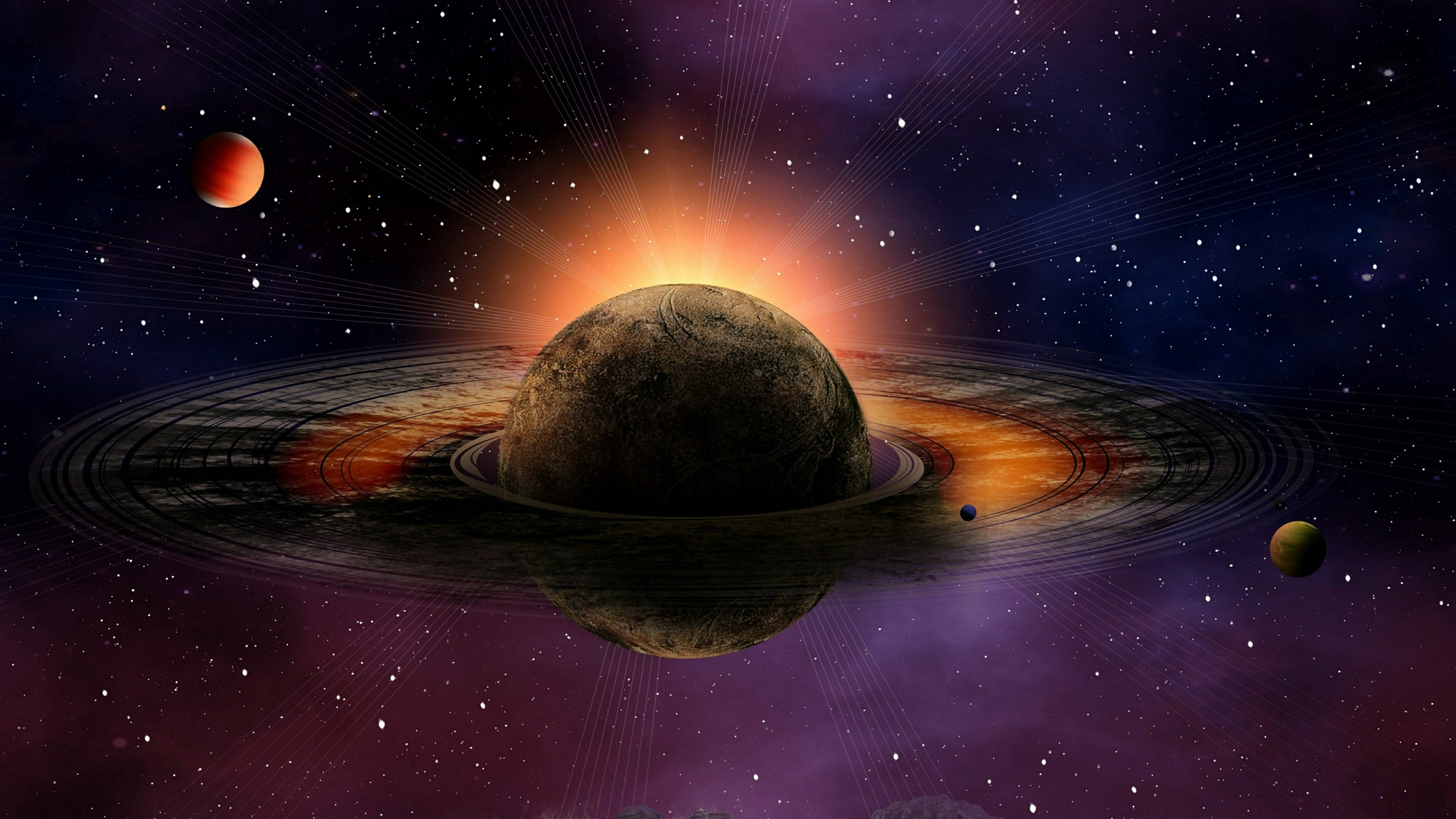 Saturn, ringed planet, sunburst, 4K Desktop Wallpaper