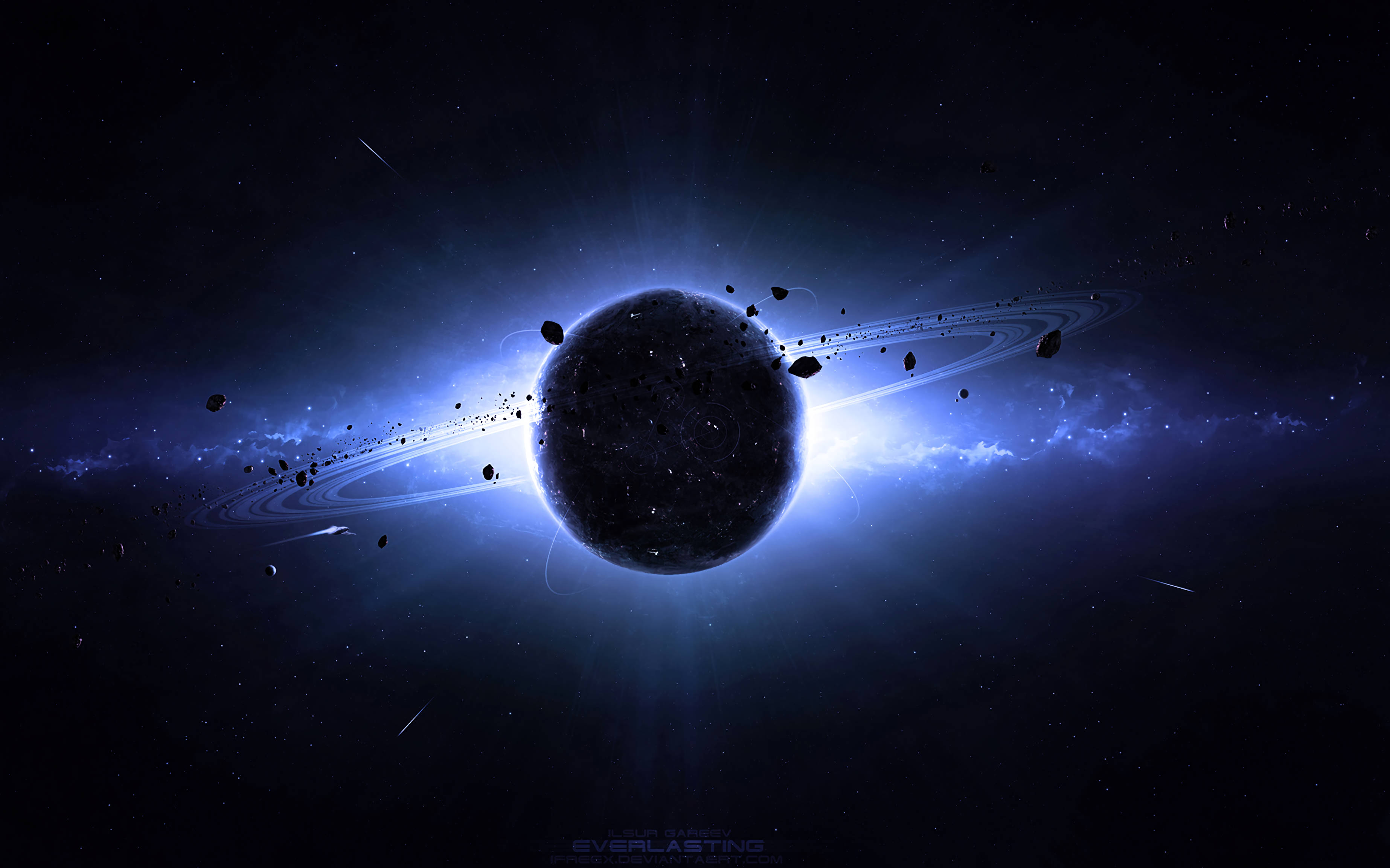 Saturn, glowing blue rings, floating asteroids, 2K Desktop Wallpaper