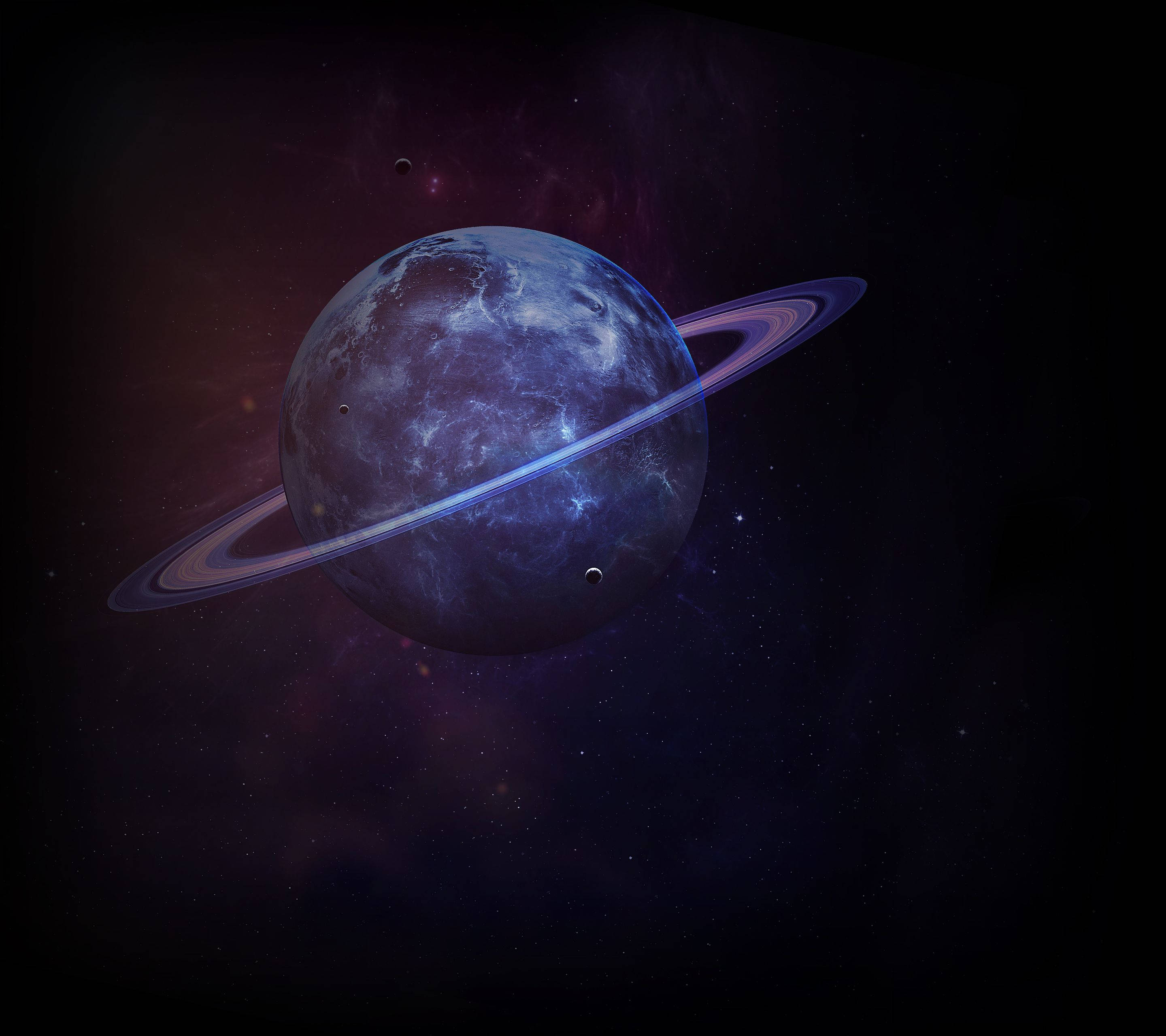 Saturn, blue planet, glowing rings, 2K Desktop Wallpaper