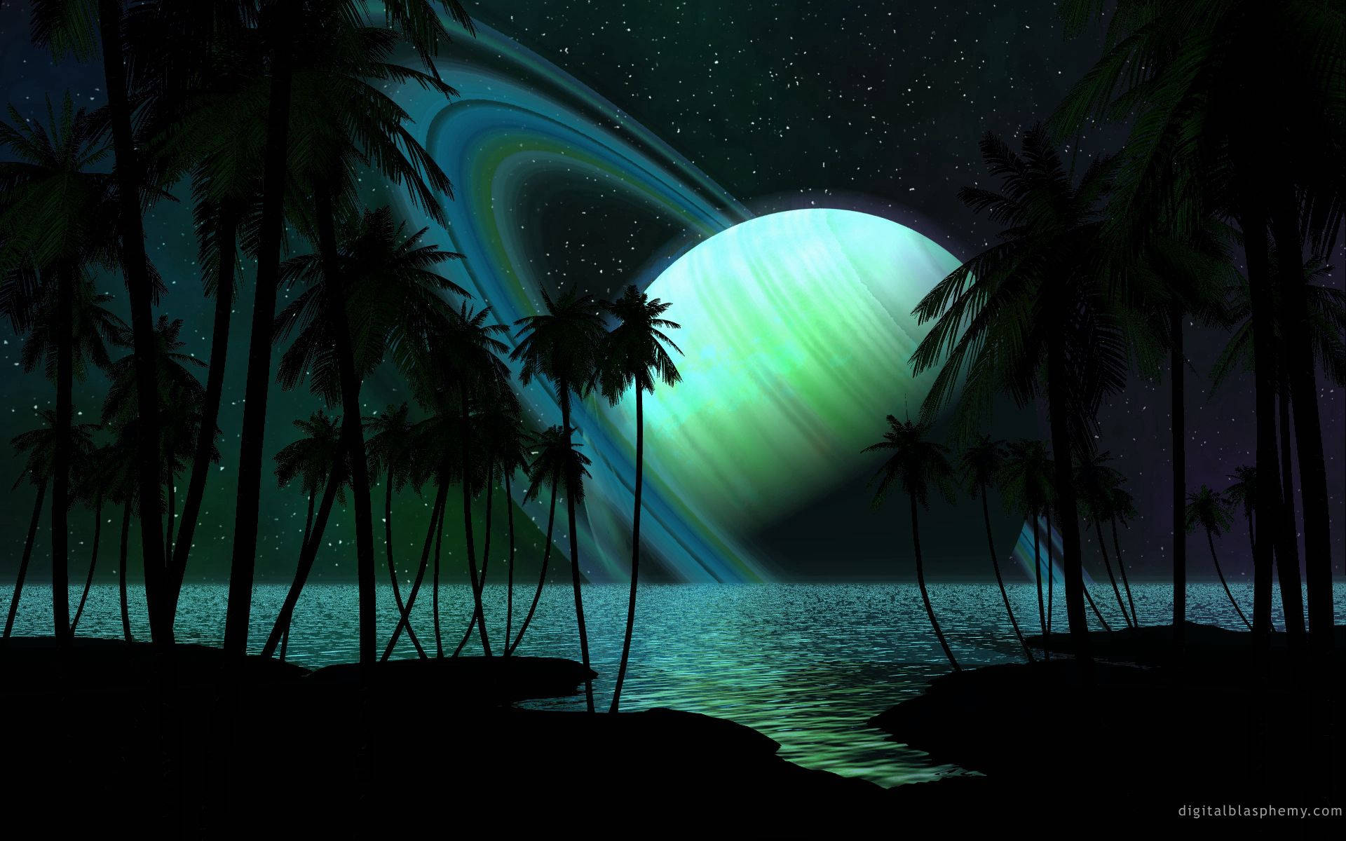 Saturn, palm trees, tropical beach, Full HD Desktop Wallpaper