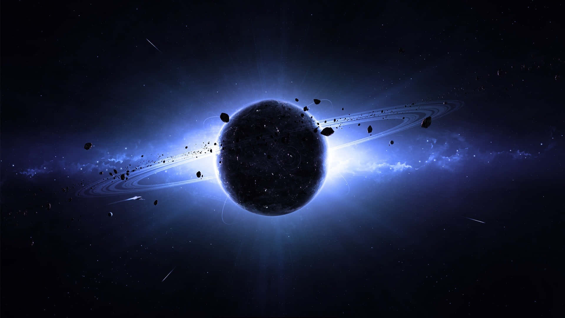 Saturn, glowing blue rings, floating asteroids, Full HD Desktop Wallpaper