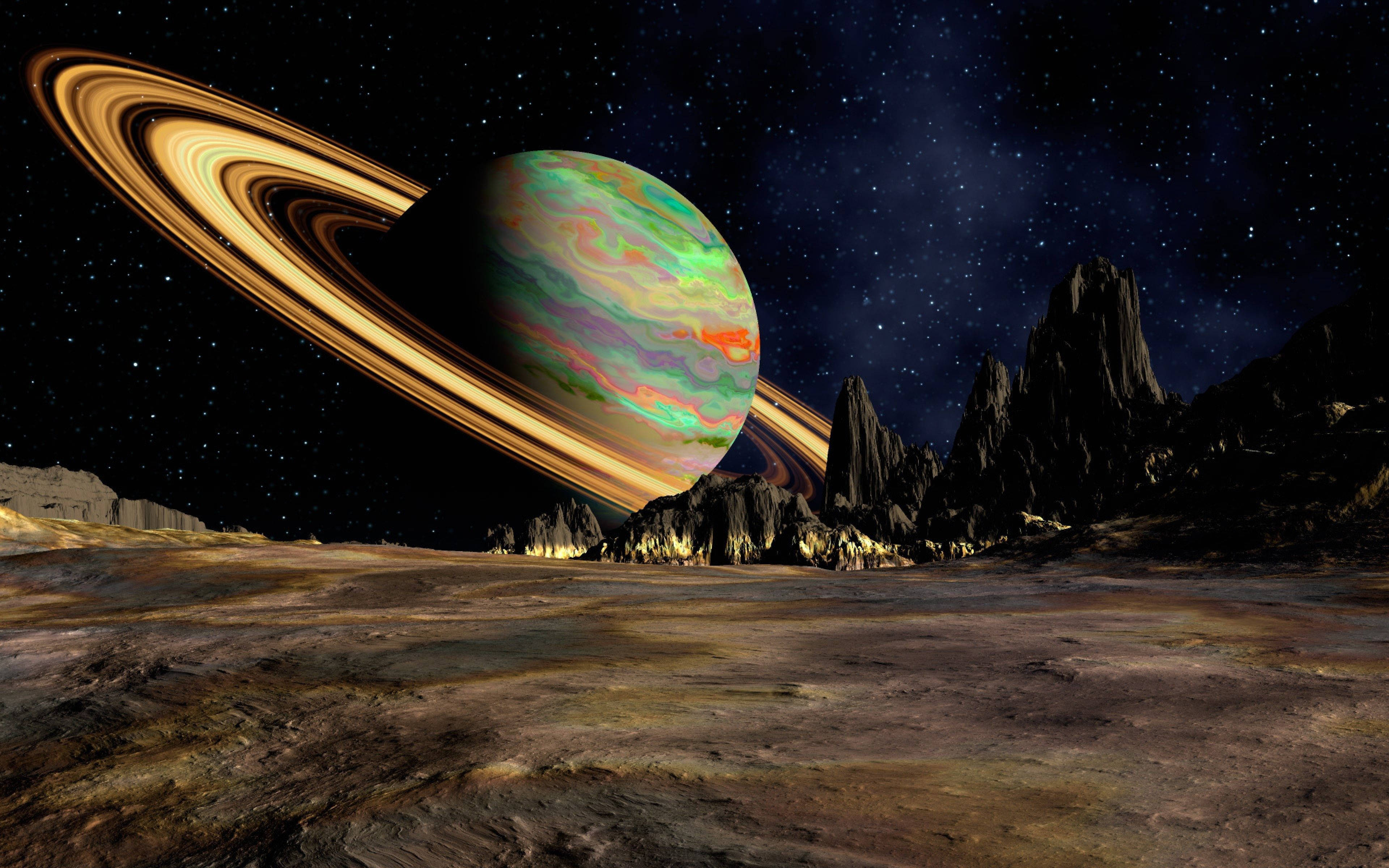 Saturn, ringed planet, swirling green orange and purple clouds, 4K Desktop Wallpaper