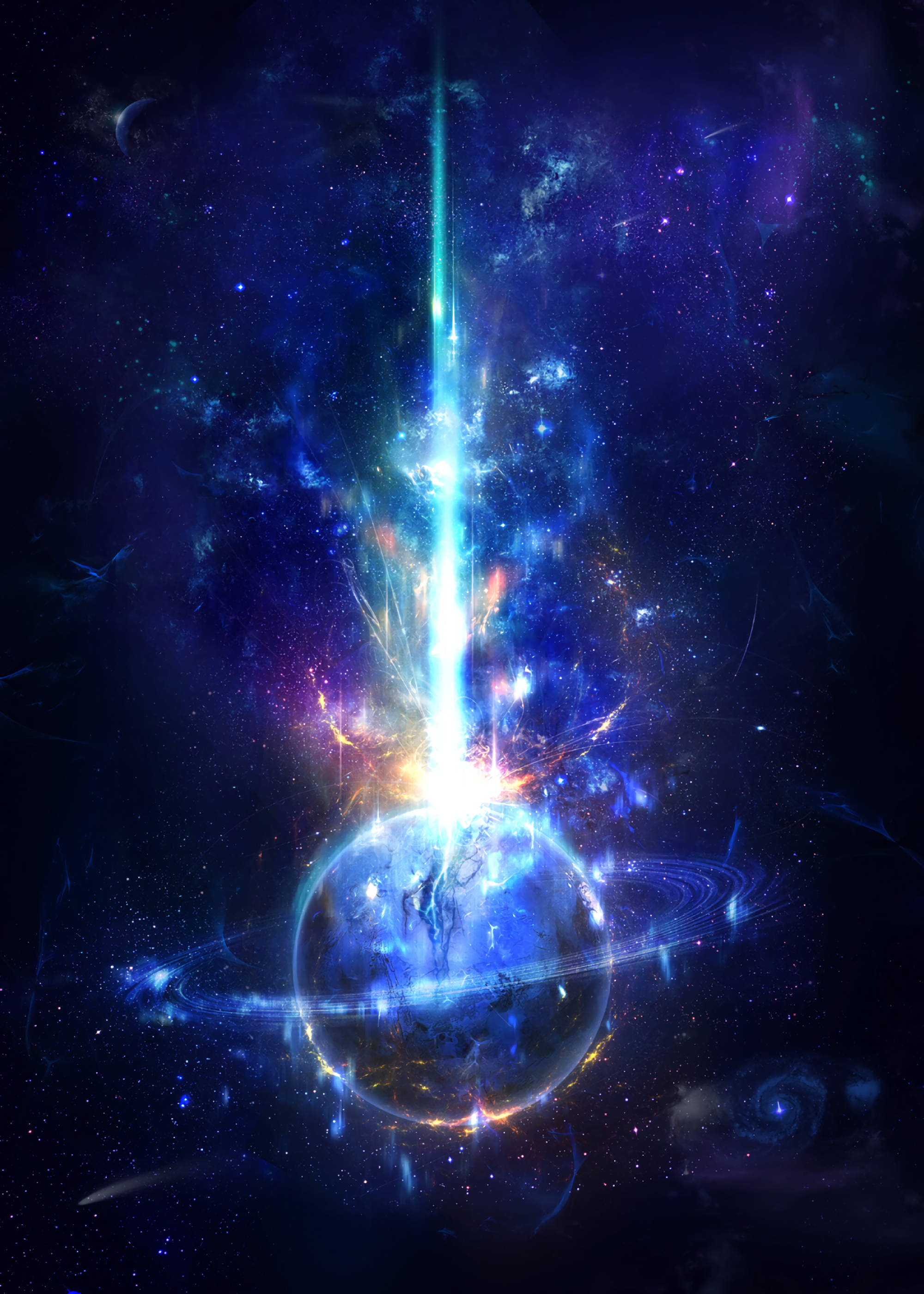 Glowy Light Saturn, glowing blue planet, rings, 2K Phone Wallpaper