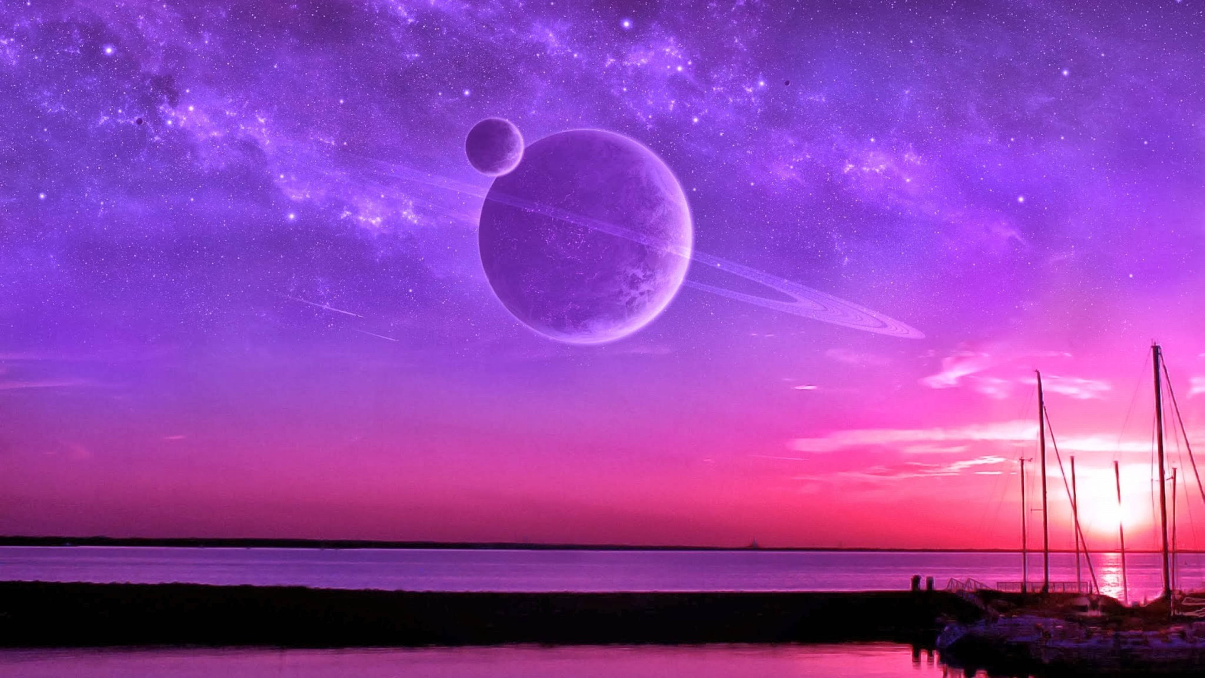 Purple Sunset, Saturn, glowing planet, 4K Desktop Wallpaper