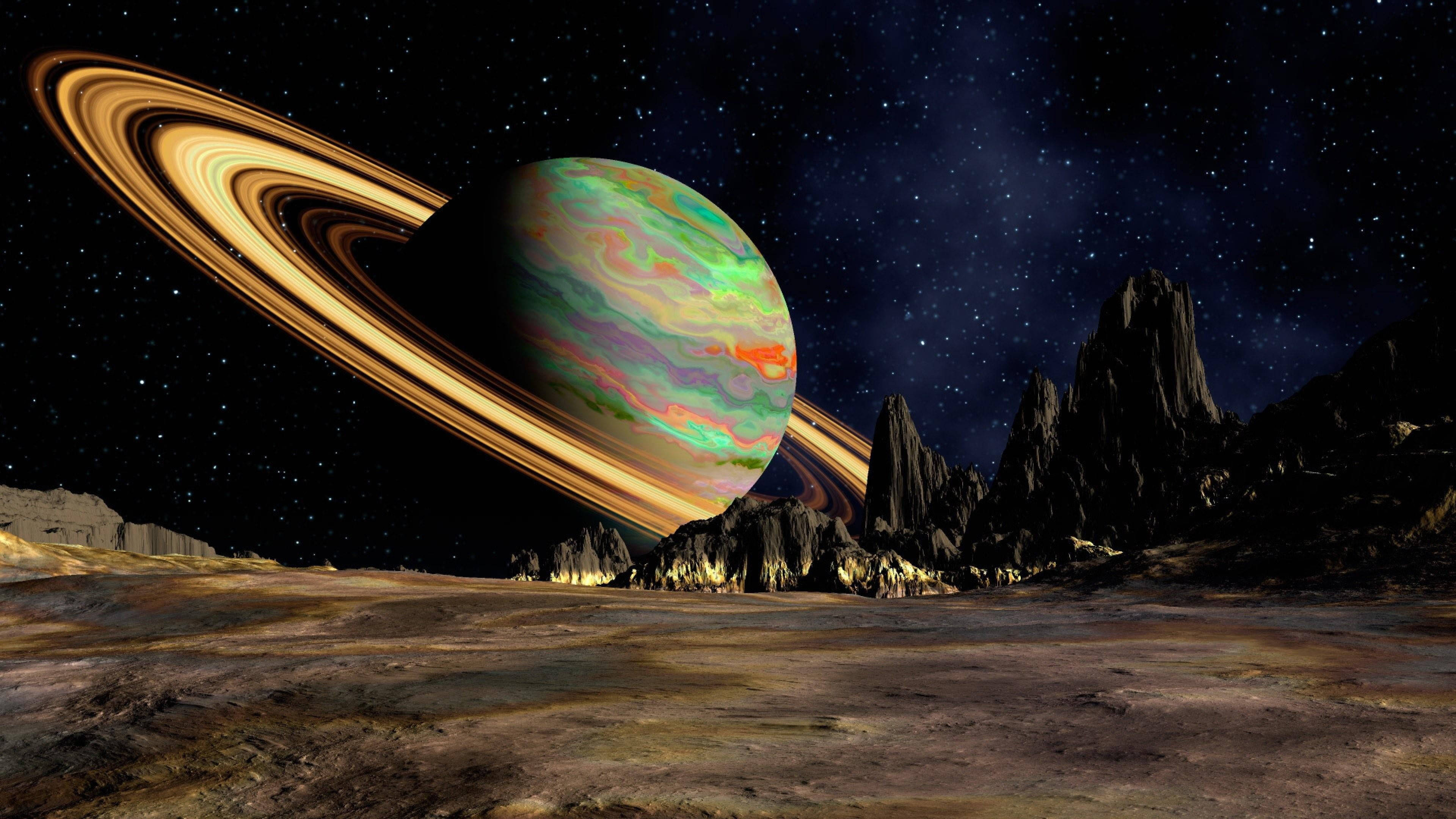 Saturn, ringed planet, swirling green orange and purple clouds, 4K Desktop Wallpaper